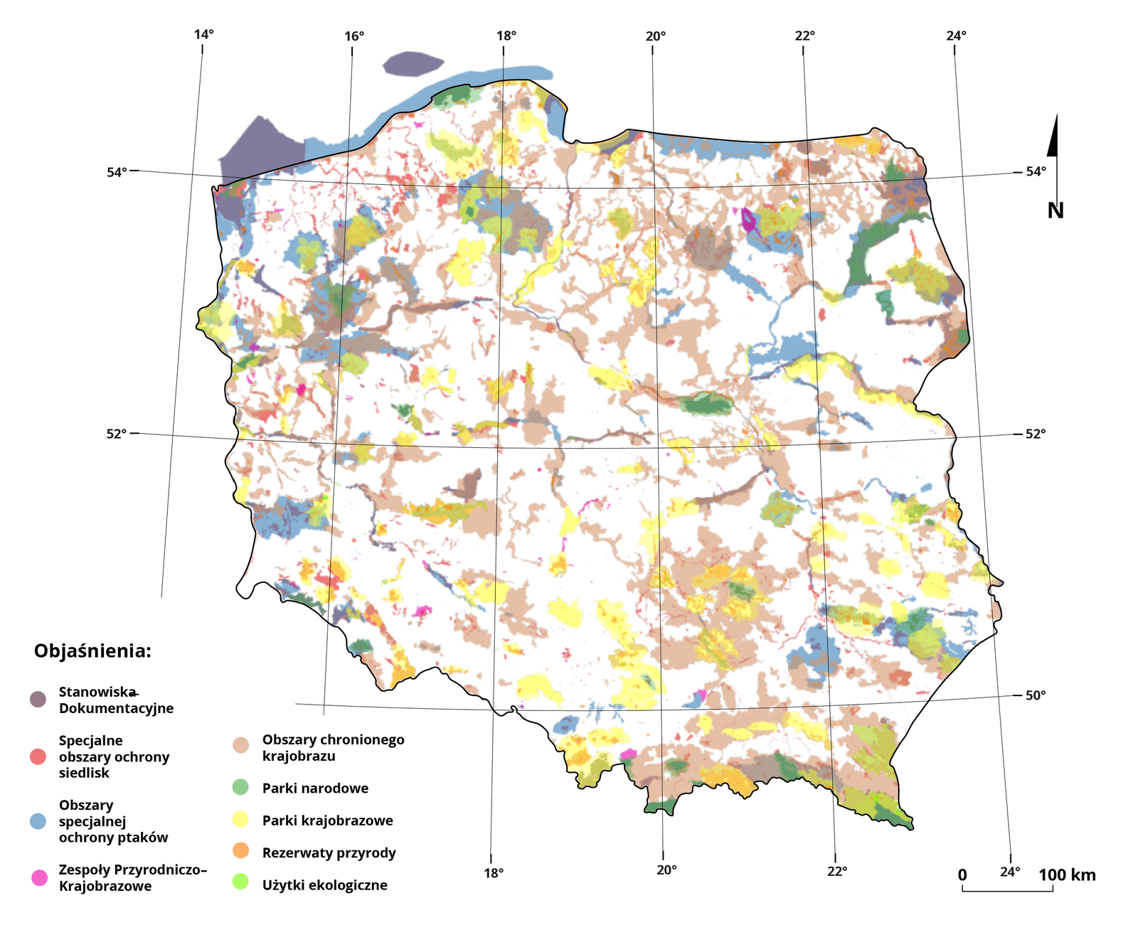 Mapa przedstawiająca parki narodowe, krajobrazowe, obszary chronionego krajobrazu i obszary Natura 2000 w Polsce. Naniesiono na niej siatkę południków i równoleżników. W lewym dolnym rogu legenda z oznaczeniami użytych na mapie kolorów. Kolorem fioletowym oznaczono stanowiska dokumentacyjne, kolorem czerwonym specjalne obszary ochrony siedlisk, kolorem niebieskim obszary specjalnej ochrony ptaków, kolorem różowym zespoły przyrodniczo‑krajobrazowe, kolorem jasnobrązowym obszary chronionego krajobrazu, kolorem ciemnozielonym parki narodowe, żółtym parki krajobrazowe, pomarańczowym rezerwaty przyrody, jasnozielonym użytki ekologiczne. W prawym dolnym rogu mapy pozioma podziałka z zaznaczonym odcinkiem stu kilometrów.
Stanowiska dokumentacyjne znajdują się głównie nad Bałtykiem, dookoła wyspy Wolin, na pojezierzach i w południowo‑zachodniej części kraju.
Specjalne obszary ochrony siedlisk wyróżniono na Pomorzu oraz w zachodniej Polsce (województwo lubuskie).
Obszary specjalnej ochrony ptaków występują głównie na Pomorzu, pojezierzach, dolinie Narwi, na Nizinie Śląsko‑Łużyckiej, dolinie Sanu.
Zespoły Przyrodniczo‑Krajobrazowe zlokalizowano na Mazurach, w dolinie Warty i kilku miejscach na południu (Nizina Śląska) i w pasie wyżyn.
Obszary chronionego krajobrazu stanowią dużą grupę, rozsiane głównie wzdłuż doliny Wisły, na Mazurach i na południu.
Wyróżniono Parki Narodowe, często występują w dolinach rzek i w górach.
Parki krajobrazowe występują głównie w dolinach rzek, wokół jezior oraz w pasie wyżyn.
Rezerwaty przyrody to niewielkie obszary rozsiane po całym kraju, podobnie jak użytki ekologiczne.