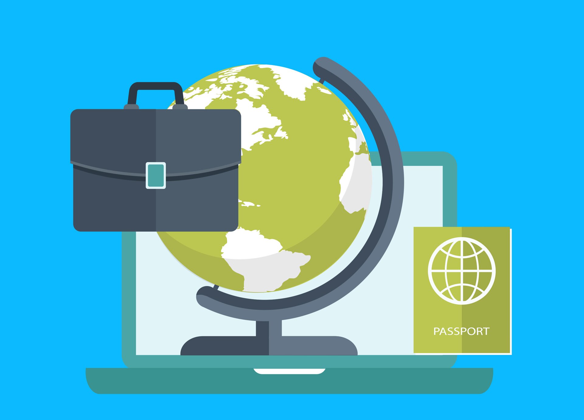 Grafika przedstawia otwarty laptop, na ekranie którego widoczny jest duży globus z zaznaczonymi na biało kontynentami. Globus wystaje poza monitor laptopa. Po lewej stronie widoczna jest czarna teczka, zachodząca częściowo na globus. Po prawej stronie monitora laptopa widoczny jest zielony prostokąt z rysunkiem kuli ziemskiej i napisem w języku angielskim: PASSPORT.