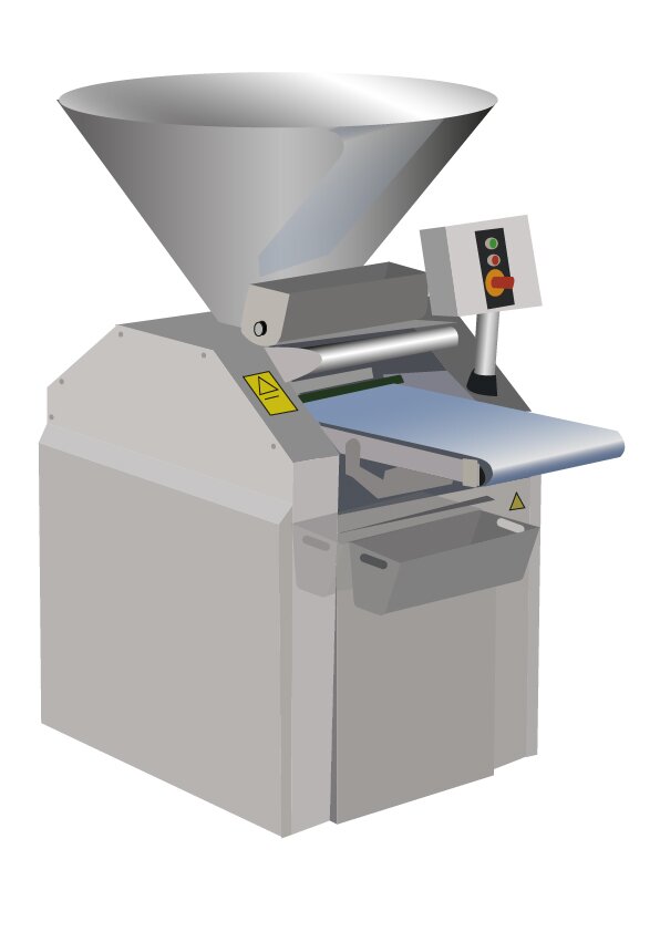 Ilustracja przedstawia wagodzielarkę. Widoczne jest urządzenie złożone w dolnej części z prostopadłościennej podstawy, na której znajduje się lejowaty element symbolizujący wsyp, na prawo od którego znajduje się prostokątny stół - taśma wystająca poza obudowę. Po prawej stronie widoczny kwadratowy panel sterujący z wyświetlaczem.