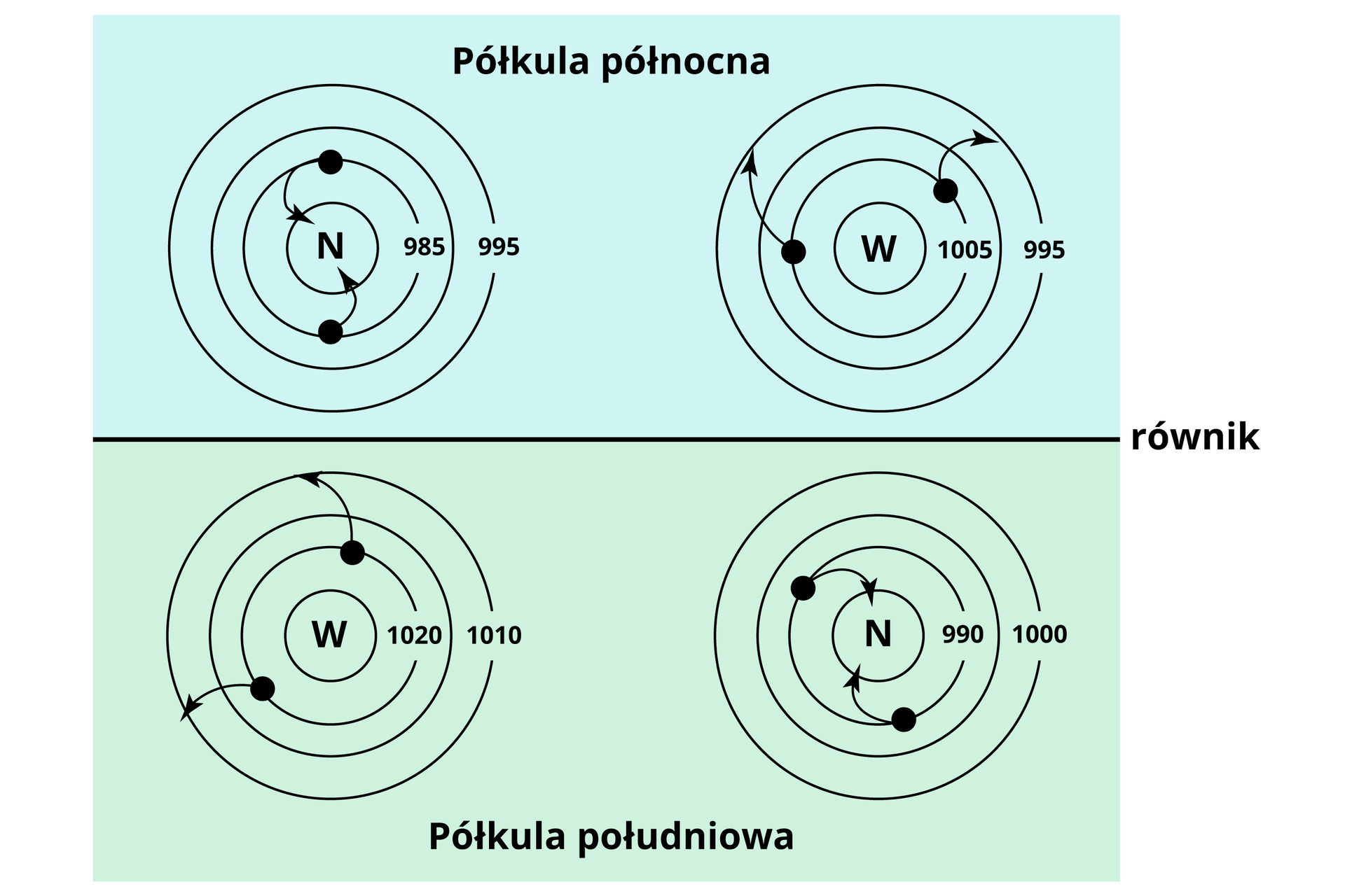 Ilustracja przedstawia układy baryczne dla półkuli północnej i południowej. Pomiędzy nimi na planszy naniesiono ciągłą poziomą linię oznaczającą równik. Przedstawiono różny kierunek wiatru w ośrodkach wysokiego i niskiego ciśnienia w zależności od ich położenia na danej półkuli. Ośrodki oznaczone są w środku literą N (oznaczającą niż) lub W (oznaczającą wyż). Dookoła nich naniesiono okrągłe izobary. Pierwszym wyszczególnionym ośrodkiem jest niż zlokalizowany na półkuli północnej. Druga izobara od środka ma przypisaną wartość dziewięćset osiemdziesiąt pięć, a czwarta dziewięćset dziewięćdziesiąt pięć. Na drugiej izobarze w prezentowanym układzie naniesiono dwie czarne kropki – odpowiednio na godzinie dwunastej i szóstej. Dodano do nich strzałki, które wskazują na kierunek wiatru – skierowane są one do środka układu i odchylają się przeciwnie do ruchu wskazówek zegara. Drugim wyszczególnionym ośrodkiem jest wyż zlokalizowany na półkuli północnej. Druga izobara od środka ma przypisaną wartość tysiąc pięć, a czwarta dziewięćset dziewięćdziesiąt pięć. Na drugiej izobarze w prezentowanym układzie naniesiono dwie czarne kropki – odpowiednio na godzinie drugiej i dziewiątej. Dodano do nich strzałki, które wskazują na kierunek wiatru – skierowane są one na zewnątrz układu i odchylają się zgodnie z ruchem wskazówek zegara. Trzecim wyszczególnionym ośrodkiem jest wyż zlokalizowany na półkuli południowej. Druga izobara od środka ma przypisaną wartość tysiąc dwadzieścia, a czwarta tysiąc dziesięć. Na drugiej izobarze w prezentowanym układzie naniesiono dwie czarne kropki – odpowiednio na godzinie pierwszej i siódmej. Dodano do nich strzałki, które wskazują na kierunek wiatru – skierowane są one na zewnątrz układu i odchylają się przeciwnie do ruchu wskazówek zegara. Czwartym wyszczególnionym ośrodkiem jest niż zlokalizowany na półkuli południowej. Druga izobara od środka ma przypisaną wartość dziewięćset dziewięćdziesiąt, a czwarta tysiąc. Na drugiej izobarze w prezentowanym układzie naniesiono dwie czarne kropki – odpowiednio na godzinie dziesiątej i piątej. Dodano do nich strzałki, które wskazują na kierunek wiatru – skierowane są one do środka układu i odchylają się zgodnie z ruchem wskazówek zegara.