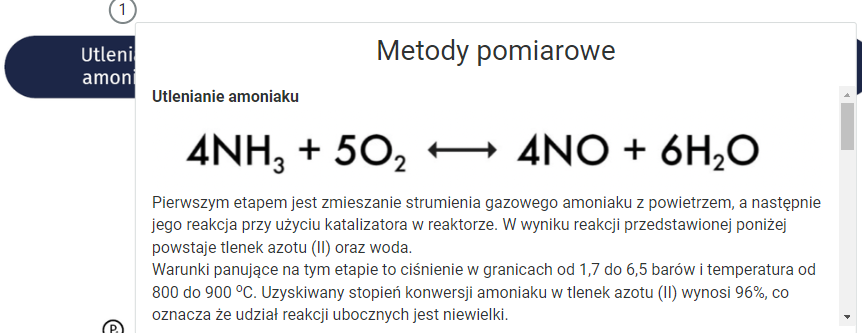 Grafika przedstawia wycinek z planszy interaktywnej, wraz z zamieszczonymi na niej znacznikami. Plansza dotyczy otrzymywania kwasu azotowego metodą Ostwalda i pomiarów parametrów procesowych. Na ilustracji przedstawiony jest schemat z punktami interaktywnymi. Punkt pierwszy jest rozwinięty i opisuje metody pomiarowe przy utlenianiu amoniaku.