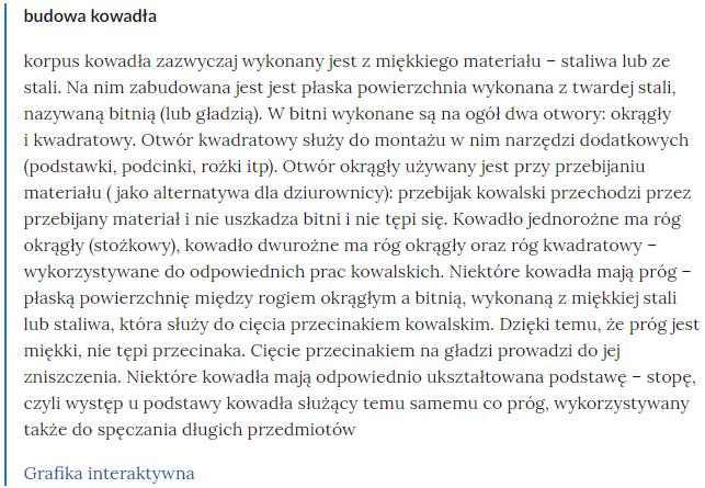 Widok pojęć w słowniku i linków przekierowujących do odpowiednich materiałów multimedialnych