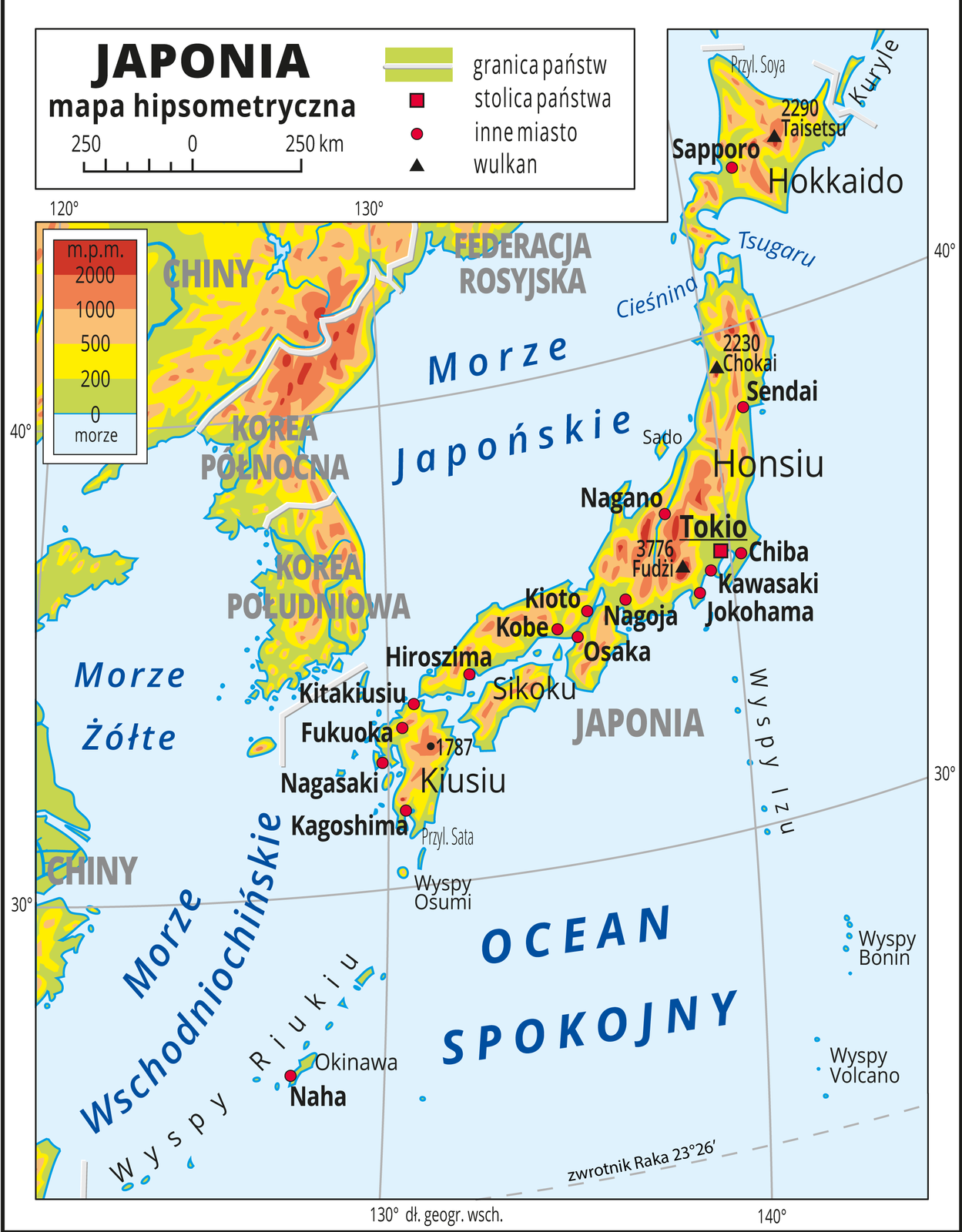 Ilustracja przedstawia mapę hipsometryczną Japonii. W obrębie lądów występują obszary w kolorze zielonym, żółtym, pomarańczowym i czerwonym. Przeważają obszary górskie i wyżynne. Zaznaczono granice państw i opisano ich nazwy. Morza zaznaczono kolorem niebieskim i opisano. Oznaczono i opisano stolice i główne miasta. Trójkątami oznaczono wulkany i podano ich wysokości. Mapa pokryta jest równoleżnikami i południkami. Dookoła mapy w białej ramce opisano szerokość i długość geograficzną co dziesięć stopni. W legendzie umieszczono i opisano znaki użyte na mapie.