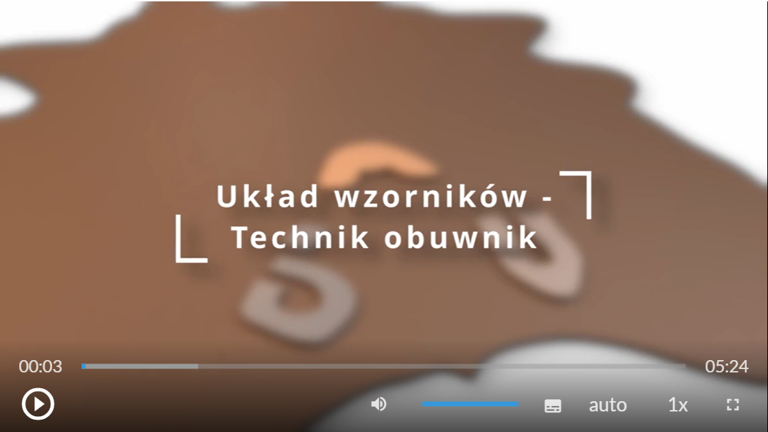 Grafika przedstawia ekran odtwarzacza animacji. W centralnej części tytuł: Układ wzorników - Technik obuwnik. W dolnej części znajdują się ikony nawigacyjne. W lewym dolnym rogu jest ikona trójkąta w kole, która służy do włączenia lub wyłączenia filmu. Pośrodku dolnej części znajduje się ikona głośnika, a obok niego jest niebieska linia regulacji poziomu głośności. Obok jest ikona przedstawiająca fragment sylwetki człowieka (głowa i górna część tułowia), która służy do włączenia audiodeskrypcji. Po prawej stronie głowy znajdują się dwa białe półkola - zewnętrzne większe, wewnętrzne mniejsze. Obok znajduje się biały prostokąt z czarnymi, małymi polami w dolnej części, który służy do włączenia napisów. Obok napis "auto", który służy do zmiany jakości odtwarzania filmu. Dalej na prawo napis: "jeden x". Służy on do zmiany tempa odtwarzania filmu. W prawym dolnym rogu białe, przerywane kontury kwadratu. Ikona ta służy do włączenia trybu pełnoekranowego. 