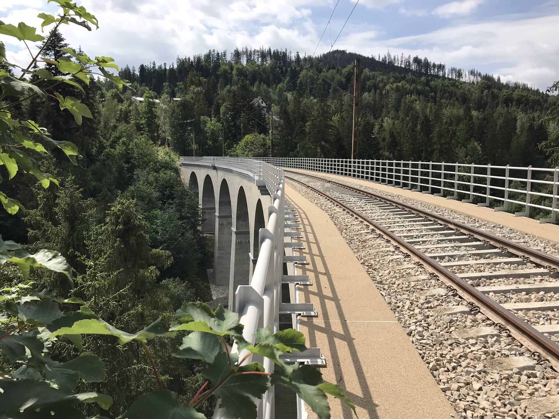  Na zdjęciu przedstawiony jest most łukowy. Jego konstrukcja składa się z wielu połączonych ze sobą łuków o małym kącie. Ujęcia przedstawiają górną powierzchnię mostu, na której znajduje się linia torów. Widoczne są betonowe podkłady ułożone na podsypce oraz stalowe szyny. Po obu stronach mostu rozpościerają się barierki.