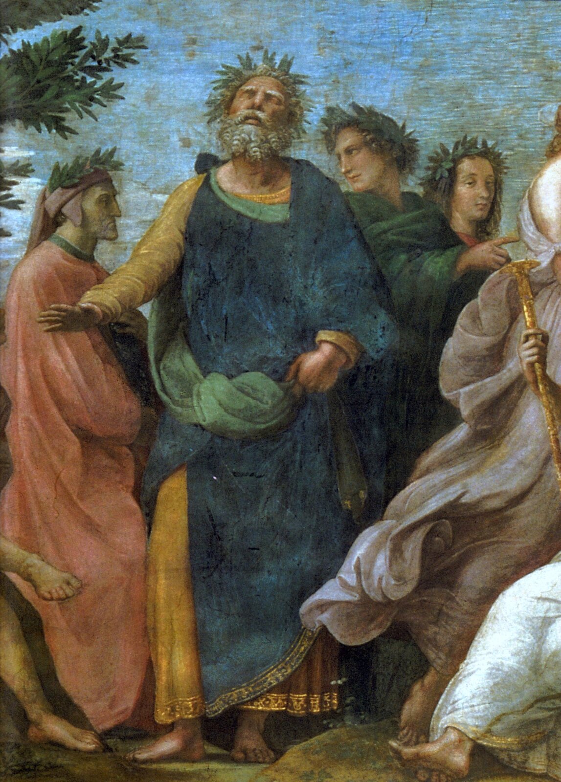 Ilustracja przedstawia fragment obrazu „Parnas” (Dante, Homer, Wergiliusz i Stacjusz), którego autorem jest Rafael Santi. Na środku obrazu stoi starszy mężczyzna. Ma siwe, kręcone włosy i siwą, kręconą brodę. Na głowie ma wieniec laurowy. Ma zamknięte oczy i twarz zwróconą ku górze. Ubrany jest w żółto‑zielono‑granatowe szaty. Jego prawa ręka wyciągnięta jest do przodu, a lewą trzyma szatę na wysokości biodra. Ma gołe stopy. Po jego lewej stornie stoi mężczyzna zwrócony w prawą stronę. Ma na sobie długą, różową szatę, różowy welon i wieniec laurowy. Po prawej stronie stoi dwóch młodych ludzi. Pierwszy z nich ma jasne, krótkie, kręcone włosy i wieniec laurowy na głowie. Ubrany jest w zieloną szatę. Jego głowa obrócona jest w lewą stronę, a prawa ręka wyciągnięta jest w prawo z wystawionym palcem wskazującym. Drugi ma jasne, kręcone włosy i wieniec laurowy na głowie. Po lewej stronie obrazu jest fragment drzewa liściastego. Tło stanowi niebieskie niebo.