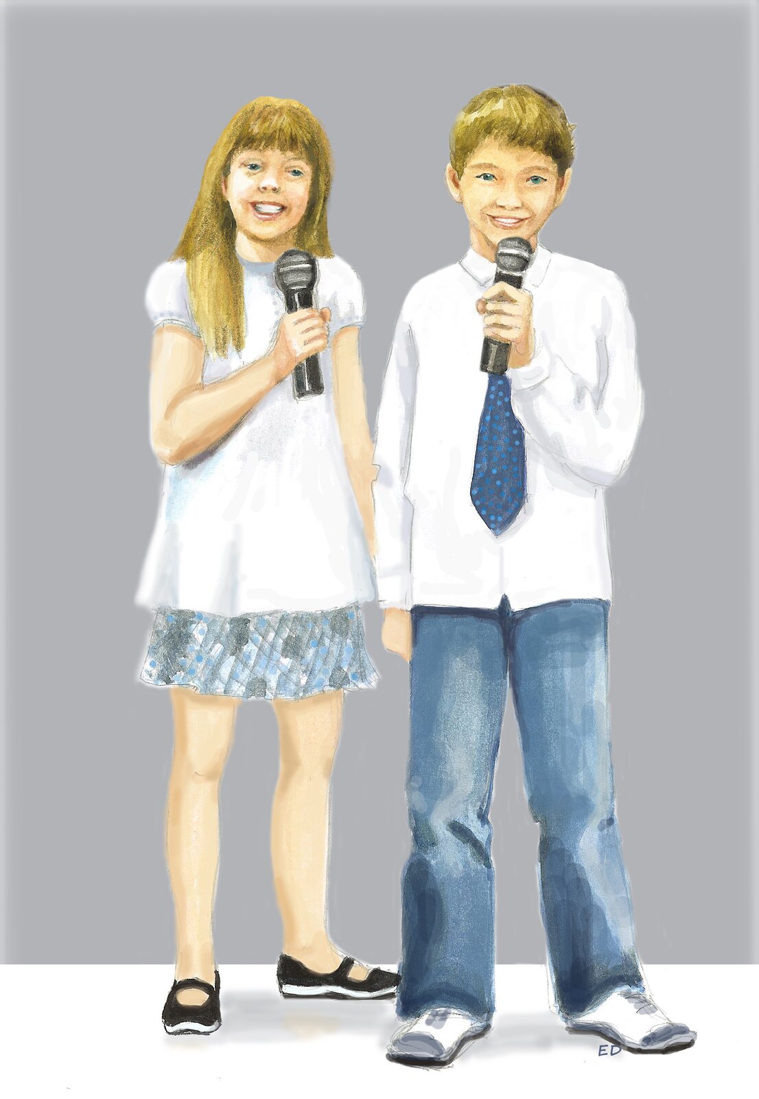 Ilustracja przedstawiająca uczniów z mikrofonem