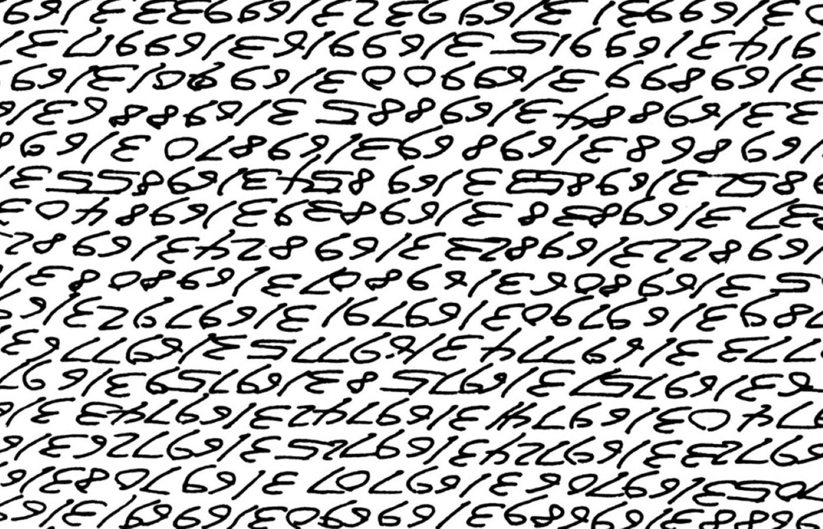 Obraz przedstawia białe tło, na którym w regularnych odstępach, bardzo blisko siebie umieszczono rzędy cyfr. Są czarne, wypełniają całą powierzchnię dzieła. Niektóre z nich są odwrócone, wszystkie natomiast narysowano linią o identycznej grubości.