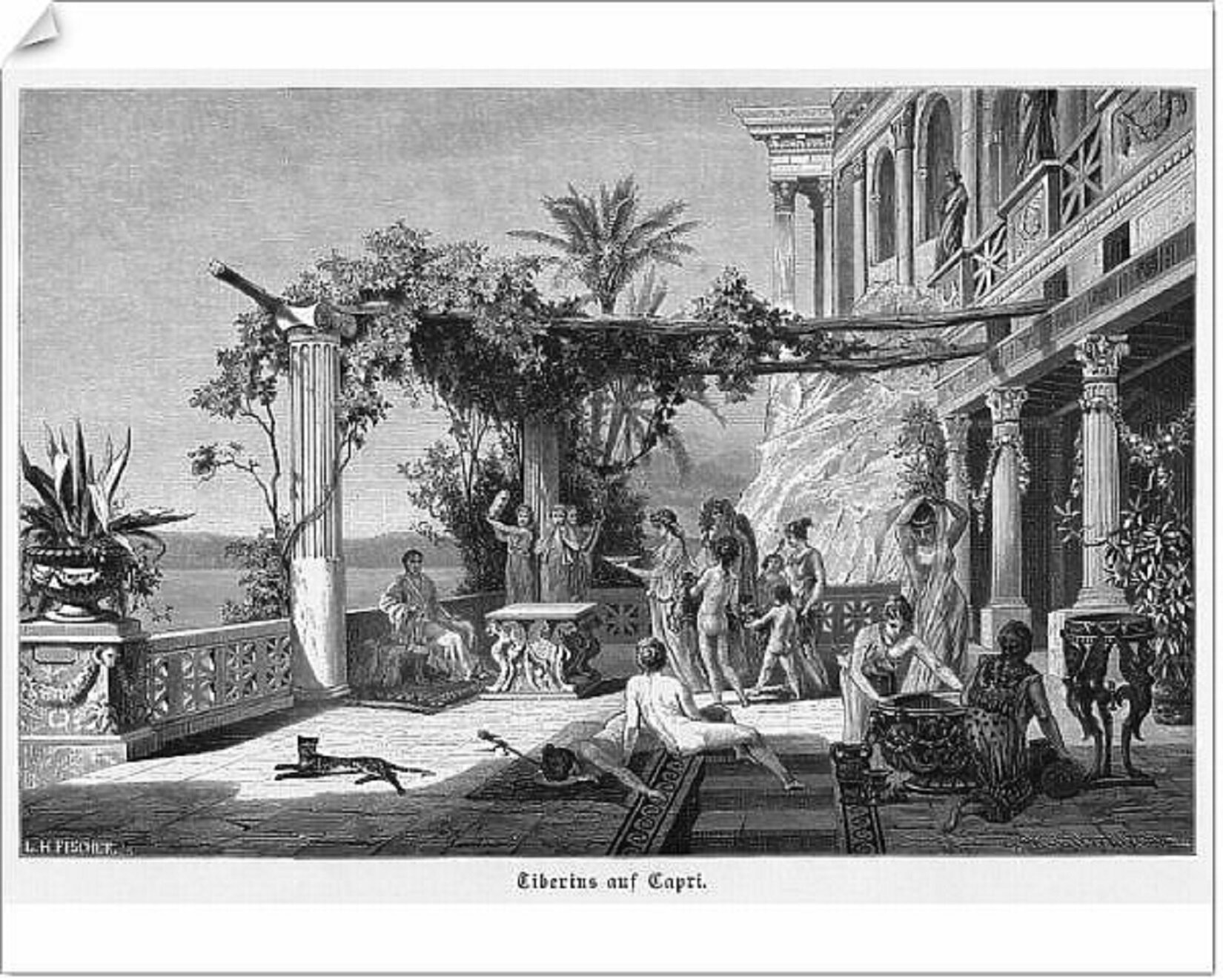 Ilustracja przedstawia rysunek „The emperor Tiberius in retirement, on the terrace of his villa at Capri” (tłumaczenie: „Cesarz Tyberiusz podczas spoczynku, na tarasie swojej willi na Capri”). Obraz jest nieostry; przedstawiony jest w czarno‑białej kolorystyce. Przedstawia taras z ozdobnymi kolumnami i pnącą się po nich roślinnością. Na tarasie znajduje się wiele postaci. Po lewej stronie siedzi mężczyzna w długiej szacie. Przed nim stoi stół z ozdobnymi nogami. Po lewej stronie, w tle jest morze i niebo. Po prawej stronie w tle jest elewacja budynku z kolumnami, łukowymi oknami i rzeźbami. Pod rysunkiem jest czarny, ozdobny napis. 