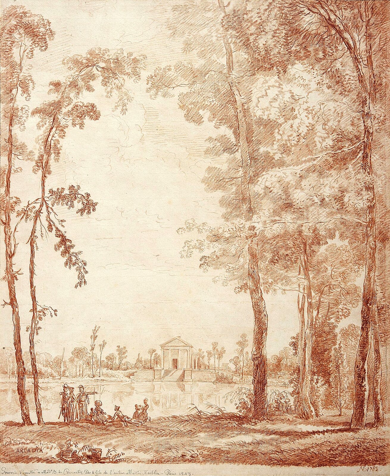 Rysunek przedstawia park ze stawem pośrodku. Nad brzegiem stawu stoi grupa osób, jedne siedzą inne stoją. Po lewej i prawej stronie rysunku znajdują się wysokie drzewa. W tle, po drugiej stronie jeziora widać niewielki budynek z kolumnami, którego schody sięgają do stawu.