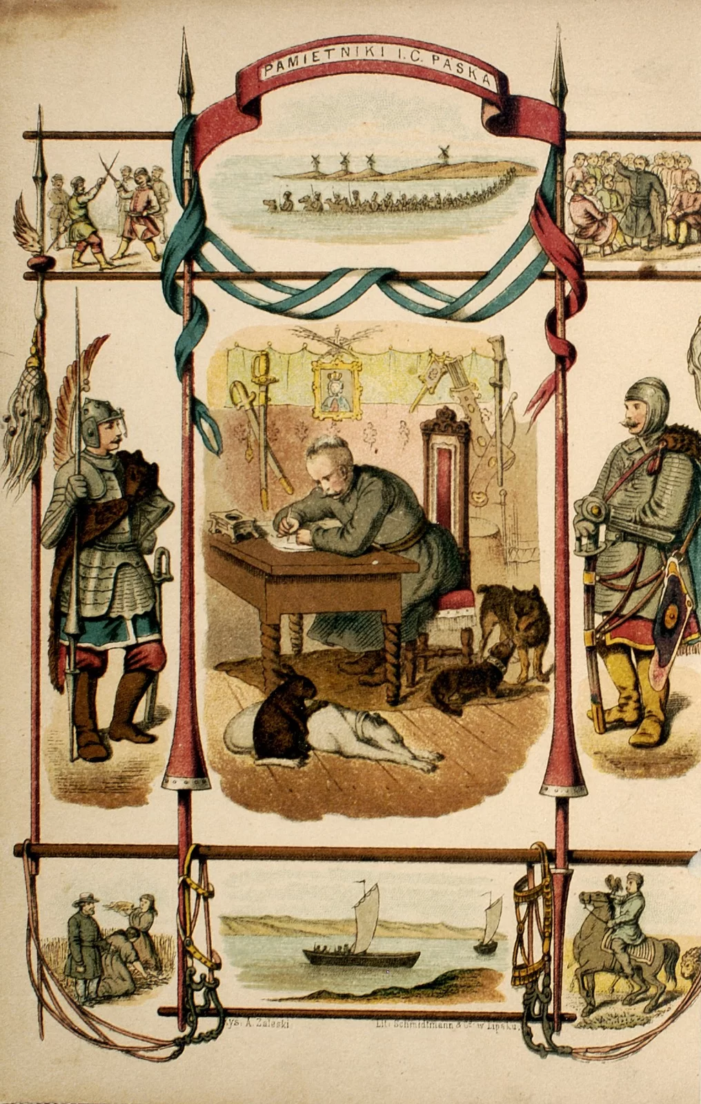Kliknij, aby powiększyć Ilustracja przedstawia różne sceny z życia szlachcica, jest podzielona na dziewięć części przy pomocy żołnierskich pik, na których wiszą dwie uprzęże końskie. Na środku znajduje się największa część. Nad nią, na górze znajduje się napis na czerwonej wstędze "Pamietniki I. C. Paska". Pod wstęgą znajduje się mały rysunek ludzi przeprawiających się przez wielką wodę. Siedzą na koniach, idą w rzędzie z wyspy, na której stoją cztery wiatraki. Na środku ilustracji, w największej części widać mężczyznę siedzącego na krześle z wysokim rzeźbionym oparciem wyściełanym czerwonym materiałem. Pisze coś przy stole o rzeźbionych nogach w otoczeniu zwierząt: wydry, brązowego psa, białego charta i brązowego królika. Na ścianie wiszą skrzyżowane szable i obrazek kobiety z koroną na głowie. Po bokach tego rysunku znajdują się postacie rycerzy w zbrojach. Rycerz po lewej stronie to husarz, trzyma w ręku kopię, na głowie ma hełm, przy ramionach skrzydła husarskie. Na ramieniu ma zawieszone futro. Rycerz nosi brązowe, wysokie buty. Rycerz po prawej stronie również jest w zbroi, na nogach ma żółte buty z cholewami, na jego plecach ma przymocowane futro, dłonie opiera o stojącą szablę. W rogach widoczne są miniaturowe scenki rodzajowe z życia szlachcica. W lewym górnym rogu scena walki dwóch mężczyzn, w prawym górnym rogu scena przemówienia, jeden z mężczyzn stoi z podniesioną ręką, jest otoczony stojącymi i siedzącymi słuchaczami. W lewym dolnym rogu widoczna jest scena żniw, w której biorą udział dwie kobiety i mężczyzna; mężczyzna stoi nad siedzącą na klęczkach tyłem do niego kobietą, druga kobieta trzyma na rękach pęk słomy, w tle widoczne pole ze zbożem. W prawym dolnym rogu znajduje się rysunek przedstawiający szlachcica na koniu, trzymającego sokoła, za nim widoczna jest głowa lwa. Na środku znajduje się rysunek dwóch łodzi z pojedynczymi białymi żaglami płynących po wodzie; w tle widoczny jest brzeg.