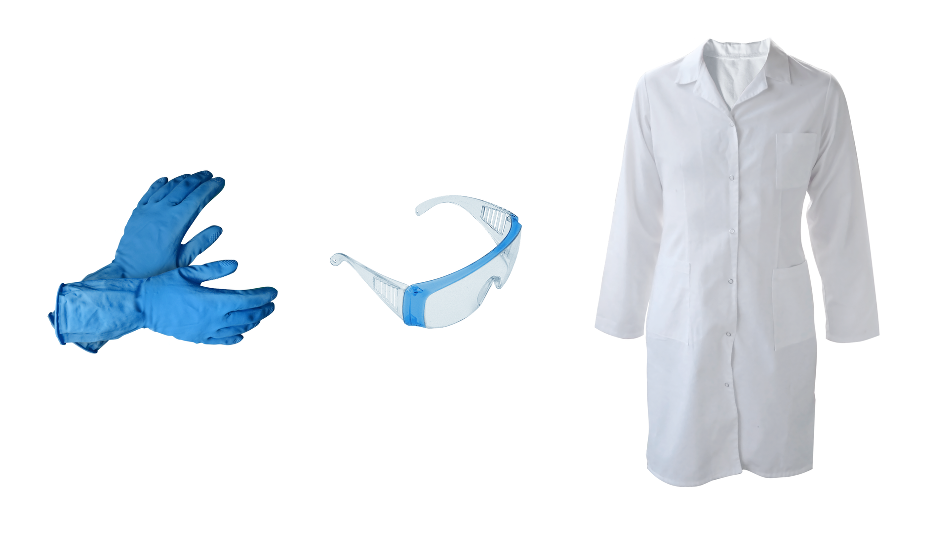 Zdjęcie przedstawiające gumowe rękawiczki nitrylowe w kolorze niebieskim, okulary ochronne oraz biały fartuch laboratoryjny.