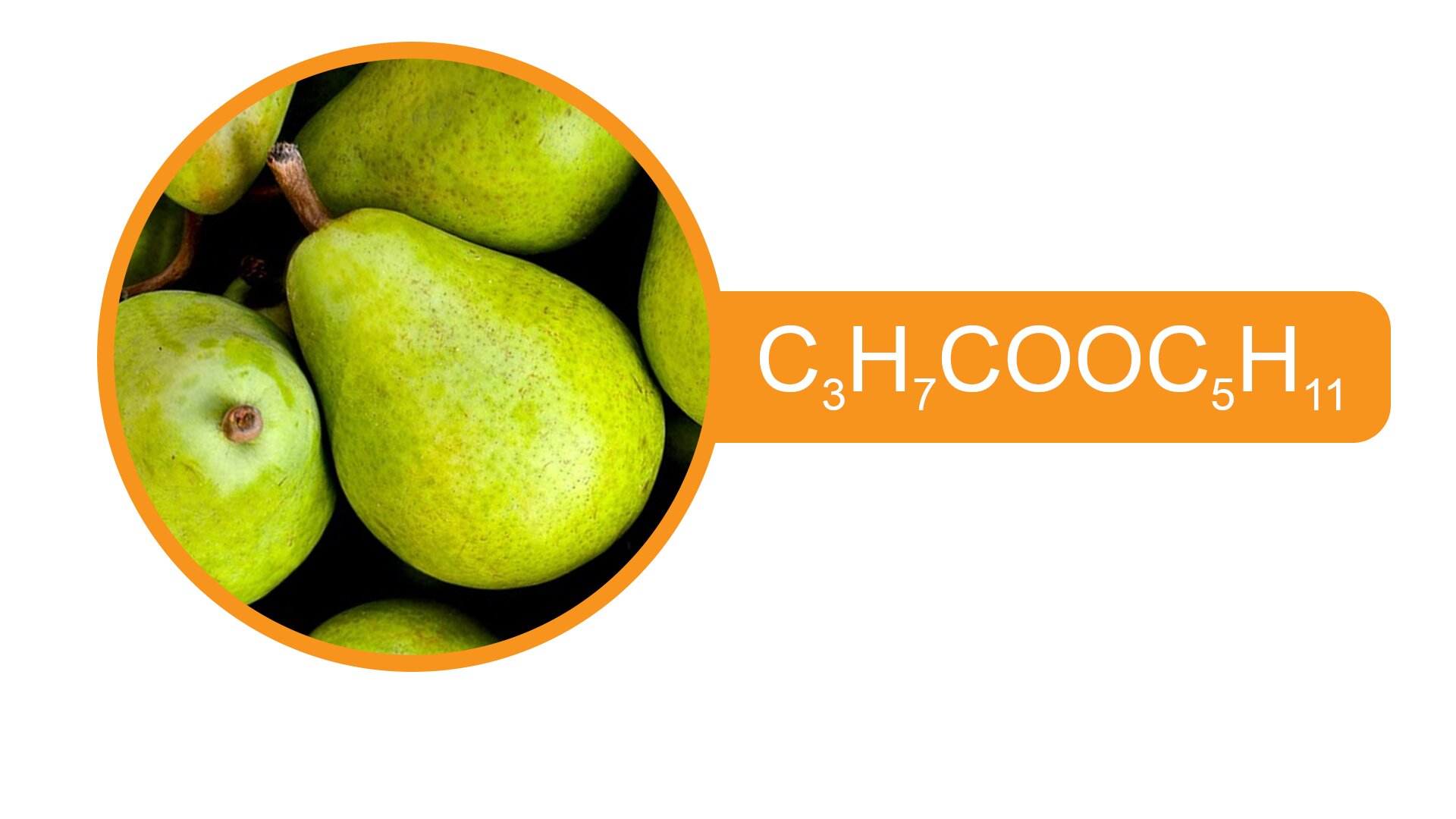 Fotografia przedstawia gruszki, obok nazwa związku butanian pentylu. ce trzy ha siedem ce o o ce pięć ha jedenaście.