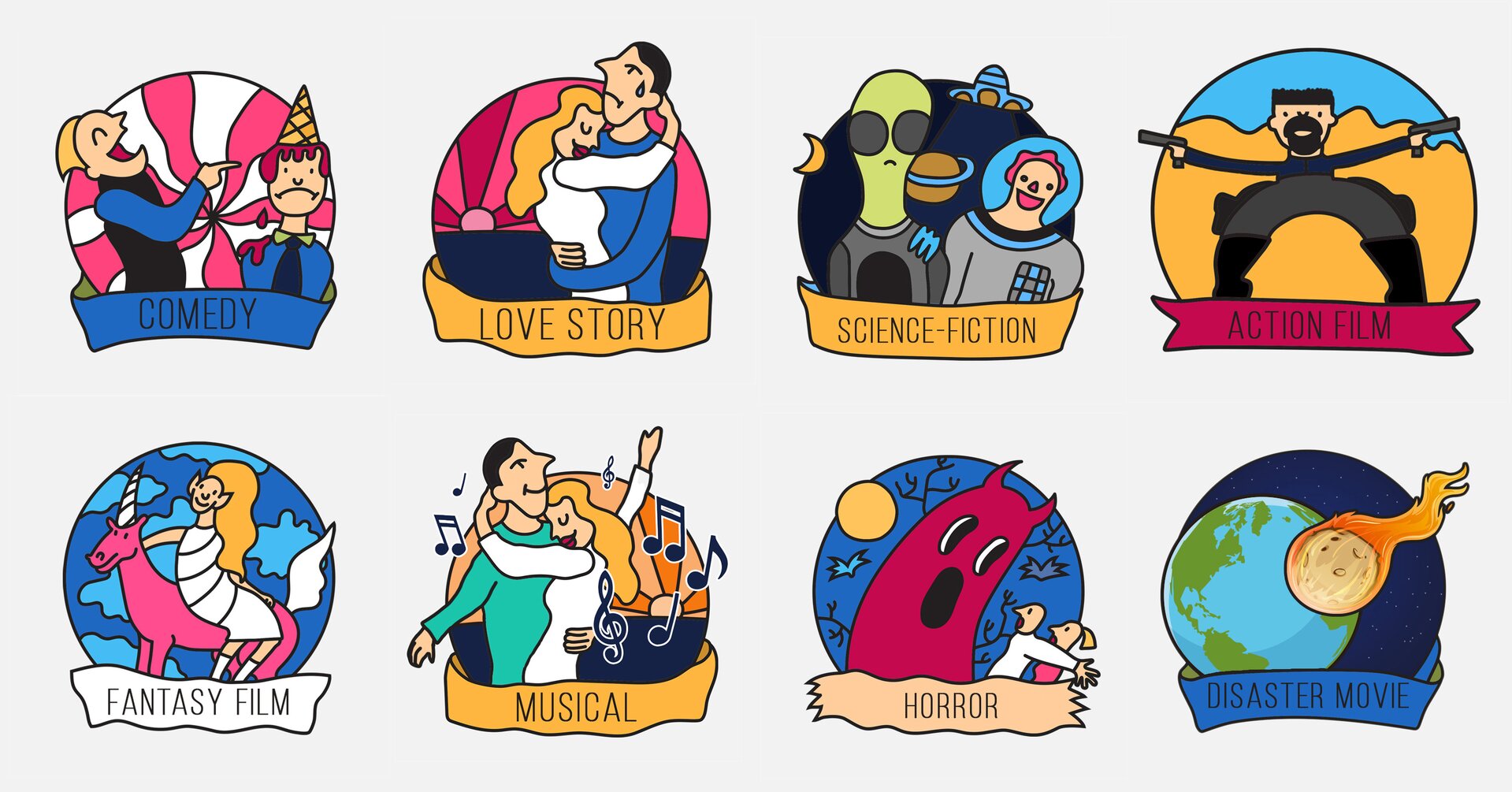 Ilustracja zawiera osiem zabawnych znaczków określających gatunki filmów. Widoczne są nazwy zapisane w języku angielskim. Comedy   gdzie widoczne są dwie postacie, jedna się śmieje wytykając palcem drugą.  Love story ma przytulającą się parę . Science Fiction   to kosmita i kosmonauta.  Action film rewolwerowiec. Fantazy   Film z dziewczyną siedzącą na jednorożcu. Musical   to śpiewająca para. Horror   duża straszna czerwona postać. Disaster Movie   to zbliżająca się do kuli ziemskiej kometa.