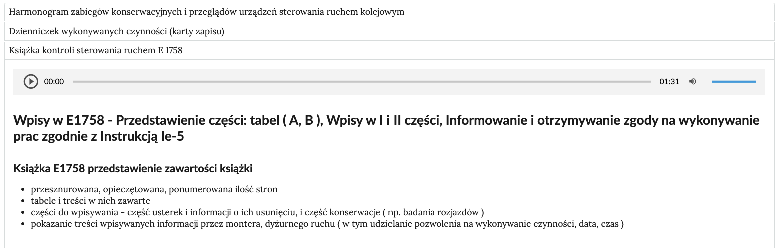 Zrzut ekranu przedstawia otwartą zakładkę. Pod paskiem zakładki otwarte jest prostokątne pole, wewnątrz którego znajduje się treść: nagranie dźwiękowe, a pod nim tekst tożsamy z nagraniem.