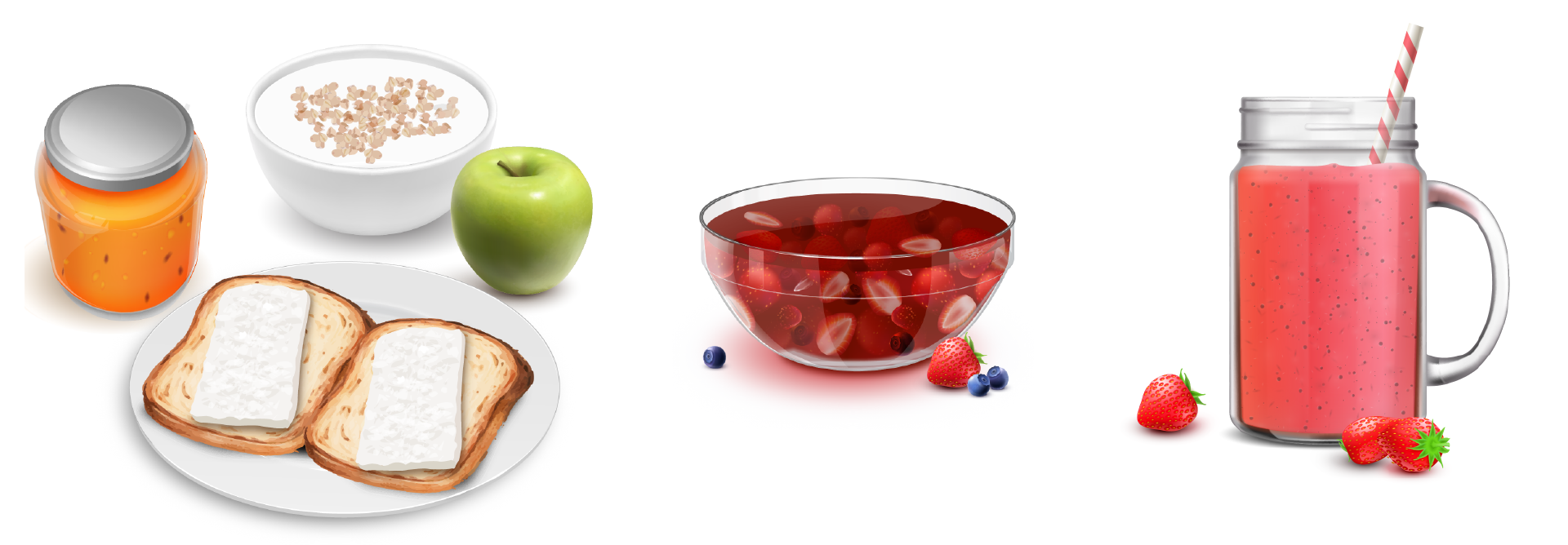 Grafika przedstawia przykładowe składniki diety łatwostrawnej z ograniczeniem tłuszczu. Od lewej widoczny jest pomarańczowy słoik z metalową nakrętką, biały talerz z dwoma kromkami pieczywa z prostokątnymi białymi plasterkami twarogu. Powyżej miseczka z jogurtem posypanym drobnymi płatkami, na prawo od niej zielone jabłko. Na prawo szklana miska z czerwoną galaretką z owocami. Na prawo szklanka z pionowym uchwytem z czerwono‑białą słomką wypełniona różową substancją.