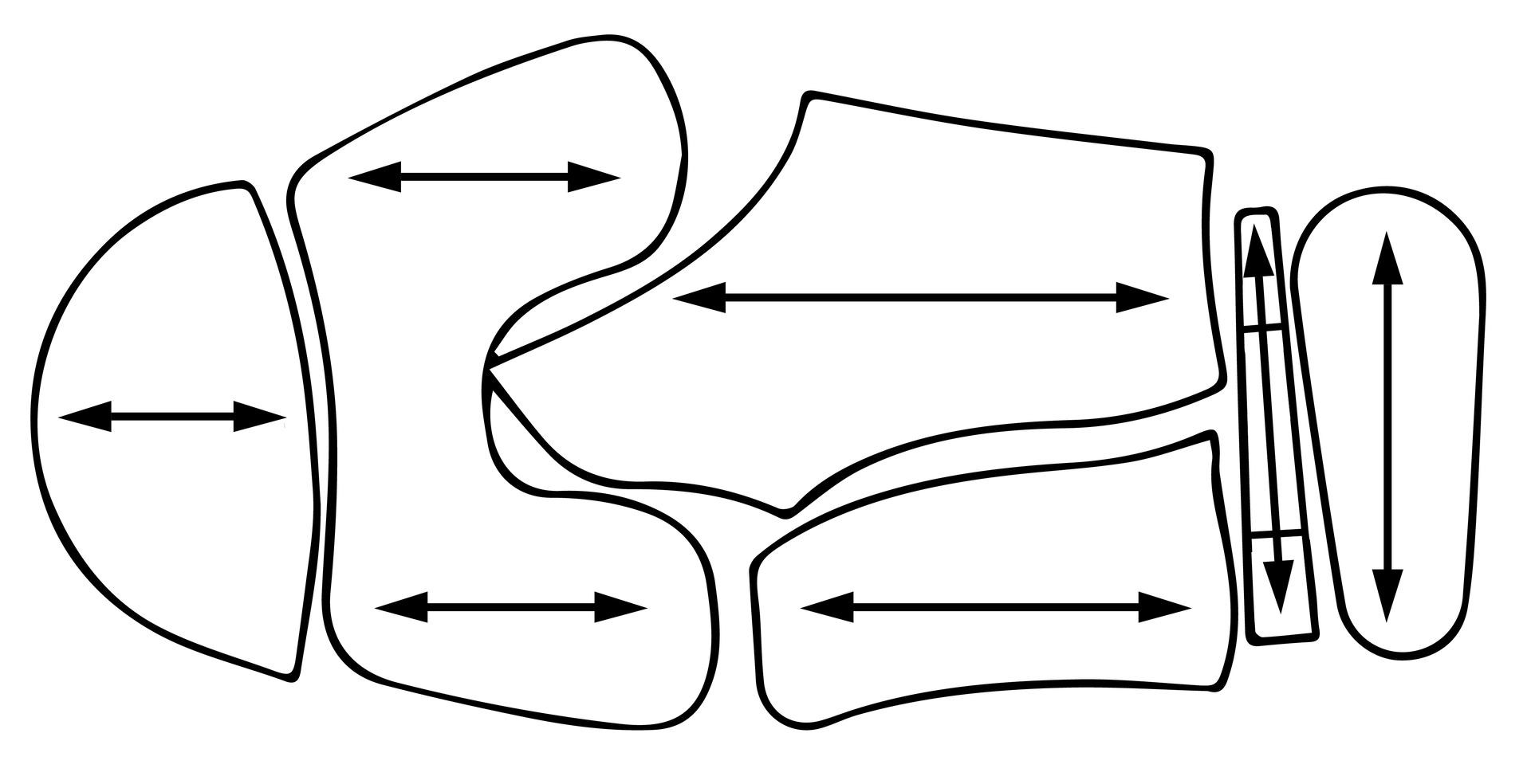 Na grafice widocznych sześć nieregularnych kształtów ustawionych obok siebie na wzór cholewki. Na każdym z kształtów znajduje się strzałka skierowana w obie strony. Rysunek pokazuje oznaczenie kierunków najmniejszej ciągliwości elementów w cholewce. Strzałki pokazują, że najmniejsza ciągliwość noska przyszwy i przyszwy powinna przebiegać wzdłuż cholewki, w kierunku palców. Obłożyna i tylnik obłożyny powinny ciągnąć się najmniej wszerz. Pasek tylny i język powinny mieć najmniejszą ciągliwość wzdłuż.