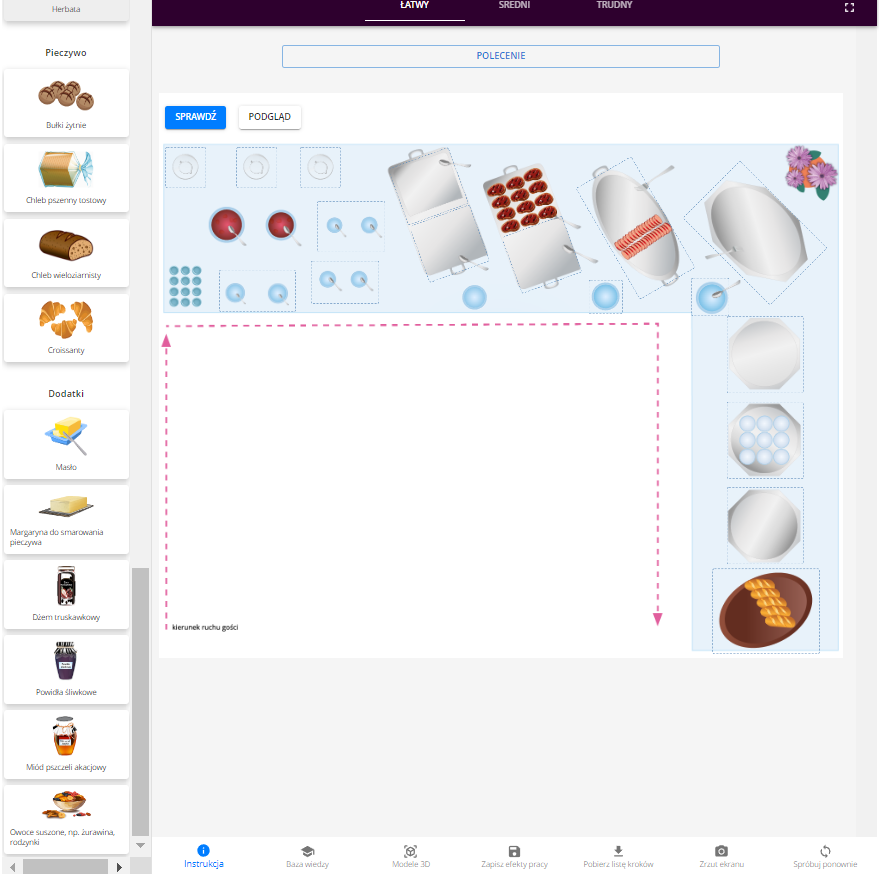 Grafika przedstawia przykładowy widok programu ćwiczeniowego zatytułowanego Bufet śniadaniowy – rozmieszczenie zastawy stołowej, sprzętu oraz potraw i napojów.