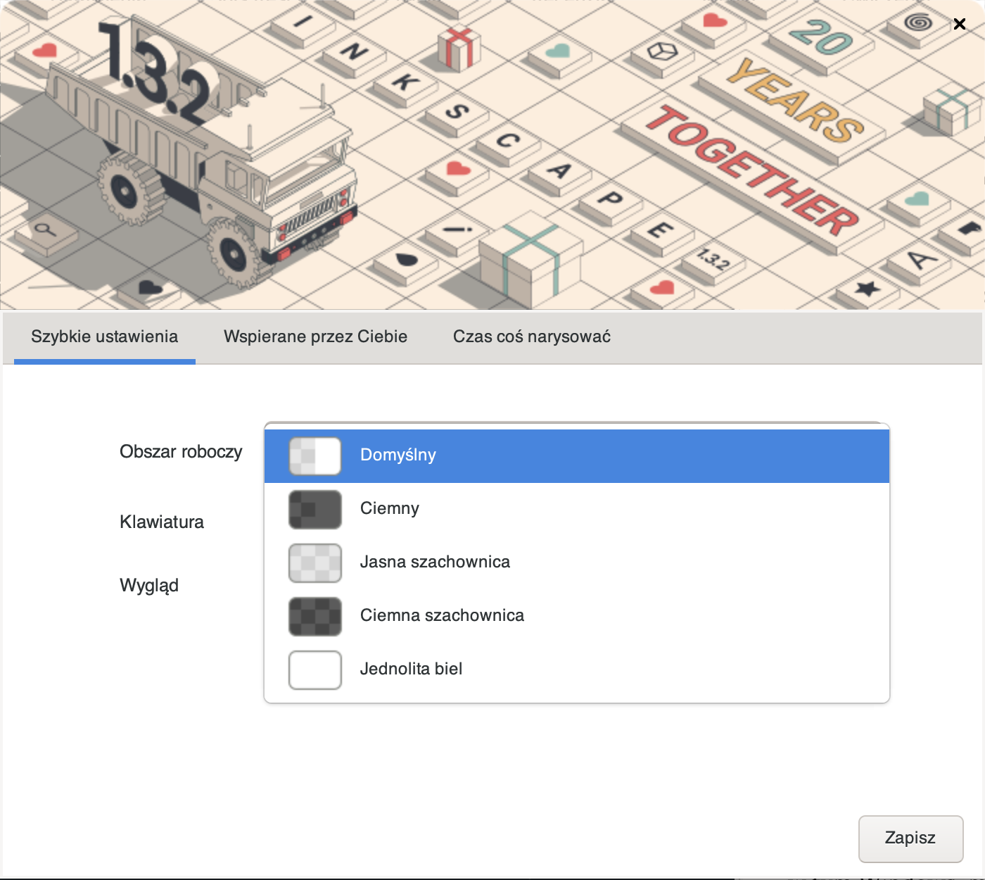 Grafika przedstawia okno szybkich ustawień, gdzie wybrać można obszar roboczy, klawiaturę oraz wygląd wraz z motywem interfejsu. W obszarze roboczym istnieje pięć możliwości do wyboru. Domyślny, ciemny, jasna szachownica, ciemna szachownica oraz jednolita biel.
