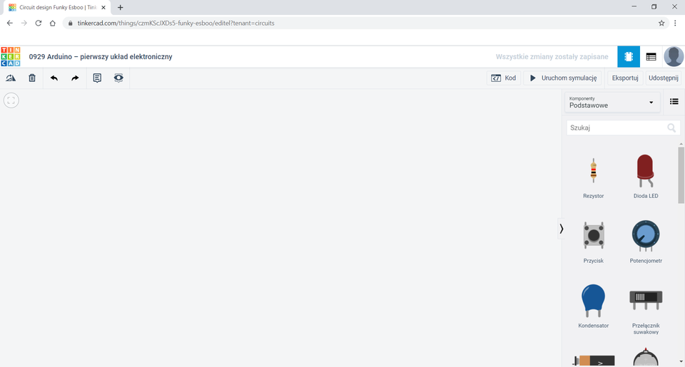 Na zrzucie ekranu przedstawiony jest interfejs strony tinkercad.com. Pod paskiem adresu wpisano tytuł: 0929 Arduino – pierwszy układ elektroniczny. Pod tytułem znajduje się obszar roboczy. Nad obszarem rodzonym po prawej stronie znajduje się kilka ikonek: dwa trójkąty prostokątne – jeden ułożony poziomo, drugi pionowo oraz strzałka w prawo; ikonka kosza; strzałka w lewo; strzałka w prawo; ikonka listy; ikonka oka. Po lewej znajdują się następujące przyciski: Kod, Uruchom symulację, Eksportuj, Udostępnij. Powyżej umieszczono ikonkę taśmy, okienka oraz avatara. Po prawej stronie obszaru roboczego znajduje się okno z komponentami. Wybrano opcję Komponenty Podstawowe. Pod listą wyboru mieści się okno Szukaj. Pod nim natomiast w dwóch kolumnach umieszczono komponenty: Rezystor, Dioda LED, Przycisk, Potencjometr, Kondensator, Przełącznik suwakowy. Każdy komponent ma ikonkę oraz podpis pod spodem. 