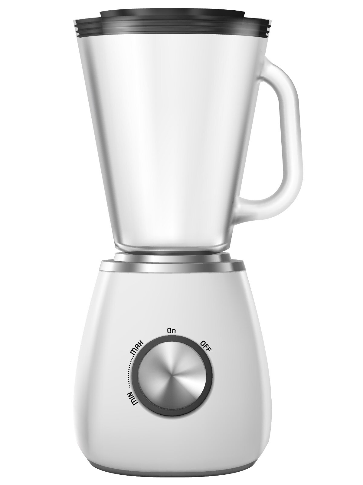 Ilustracja przedstawiająca blender kielichowy w srebrnym kolorze. Pokrywa oraz pokrętło blendera są czarne.