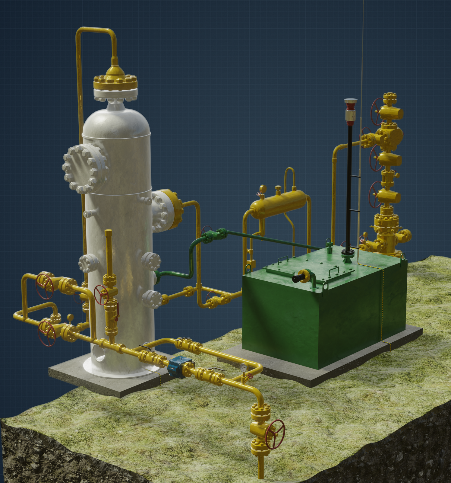 Na rysunku znajduje się animowany model fragmentu układu znajdującego się za głowicą eksploatacyjną odwiertu samoczynnego. Głowica eksploatacyjna to urządzenie montowane na powierzchni terenu przy wylocie odwiertu, w celu jego zamknięcia. Przedstawione urządzenia są wykonane ze stali. Na pierwszym planie widać skrzynię płynu złożowego która jest w kolorze zielonym. Na górze skrzyni znajduje się fragment pionowej czarnej rury. Na boku skrzyni znajdującym się bliżej ekranu umiejscowiona jest rura kolanko. Rura zakończona jest połączeniem kołnierzowym za którym zamontowana jest czarna walcowata wypustka. Jest to połączenie szybkozłączne typu Camlock, które wykorzystywane jest do zatankowania cysterny. Z prawej strony za skrzynią widać fragment głowicy eksploatacyjnej. Z lewej strony, za skrzynią, znajduje się dawkownik od którego biegną pionowo w dół dwie rury. Dawkownik jest to stalowe urządzenie w kształcie zaokrąglonego na końcu walca. Dawkownik wykorzystywany jest w celu chwilowego zapobieżenia powstania hydratów czyli nietrwałych związków wody w postaci ciekłej z gazem w formie korków. Dlatego na drodze pomiędzy odwiertem a separatorem. do strumienia gazu dawkowany jest metanol. Nad dawkownikiem znajduje się okrągły wskaźnik.