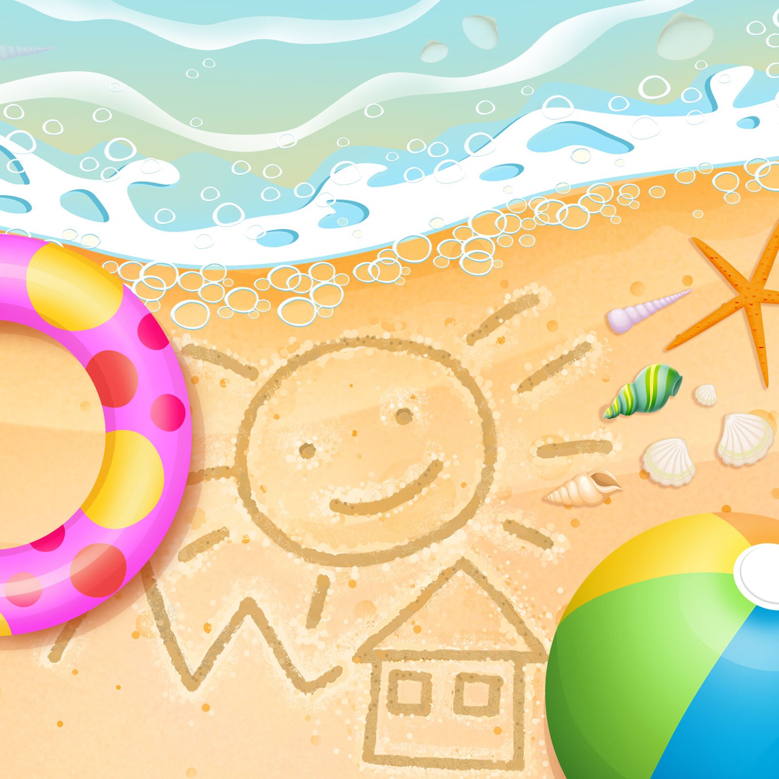 Ilustracja przedstawia plażę, na której leżą muszelki, piłka plażowa i koło do pływania. Na piasku narysowany jest domek, a nad nim uśmiechnięte słoneczko.