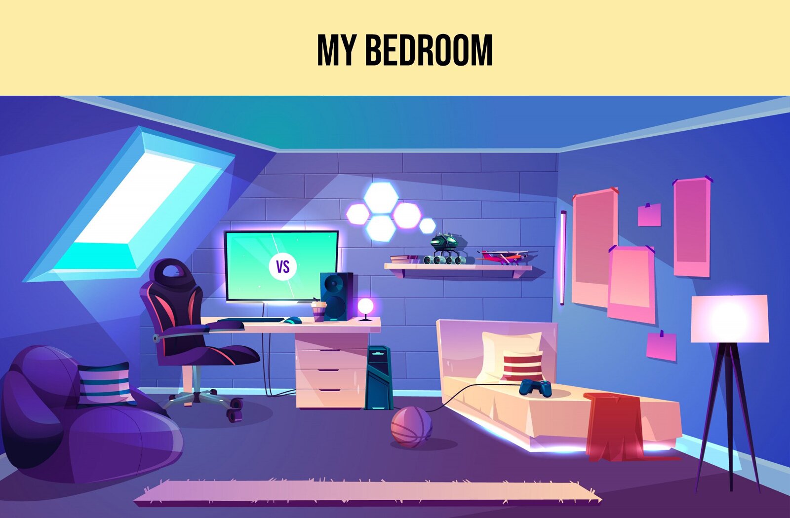 Grafika przedstawia pokój na poddaszu, w którym widoczne są: fotel, łóżko, lampa podłogowa, biurko, na którym stoi duży monitor oraz głośnik i mała lampka. Przy biurku stoi odsunięty fotel obrotowy, a pod biurkiem znajduje się szafka, obok której stoi komputer. W pomieszczeniu na ścianach wiszą obrazki i lustra, a na podłodze leży dywan. U góry ilustracji widoczny jest napis w języku angielskim: MY BEDROOM.