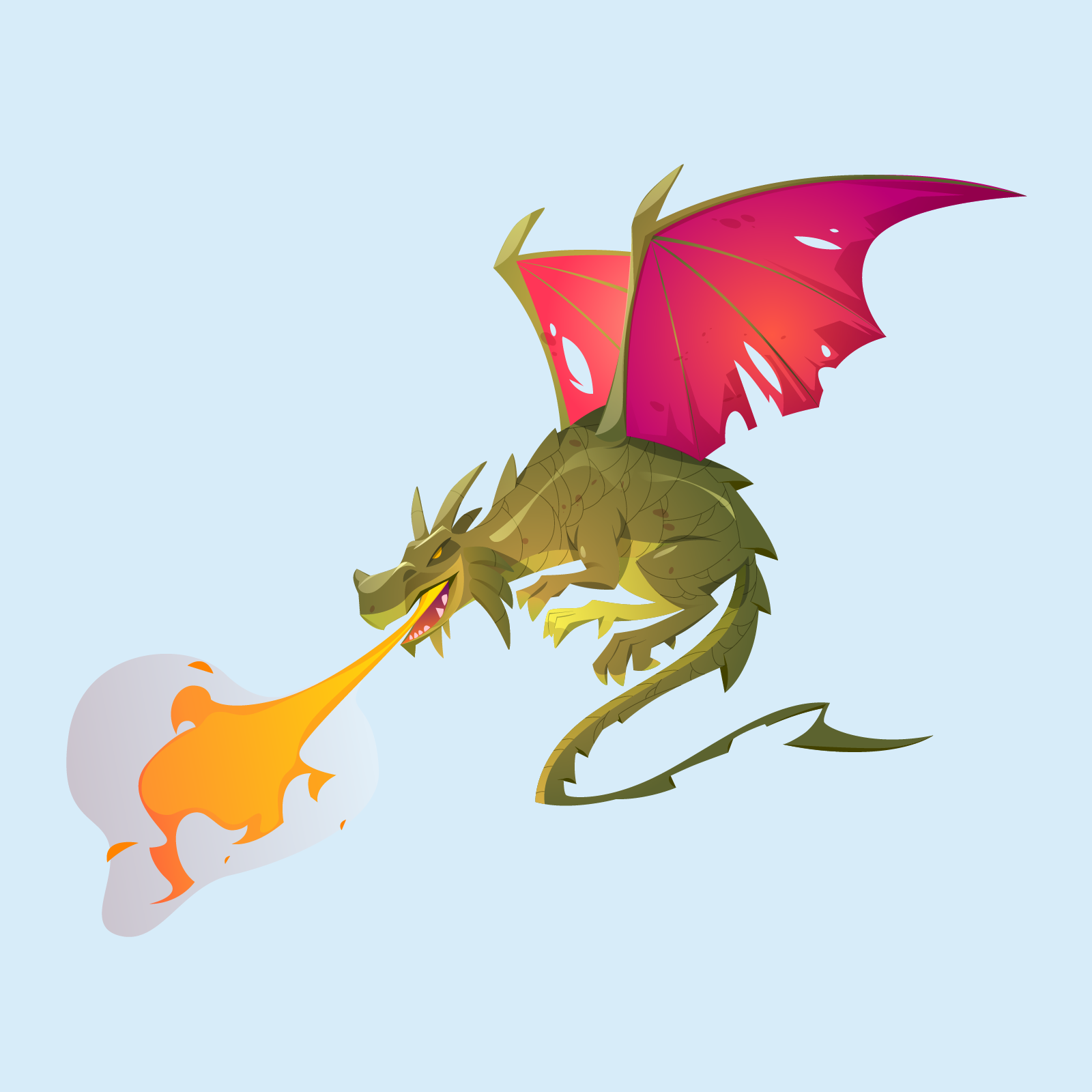 Ilustracja przedstawia wizerunek bajkowego, zielonego smoka o różowych skrzydłach ziejącego ogniem. 