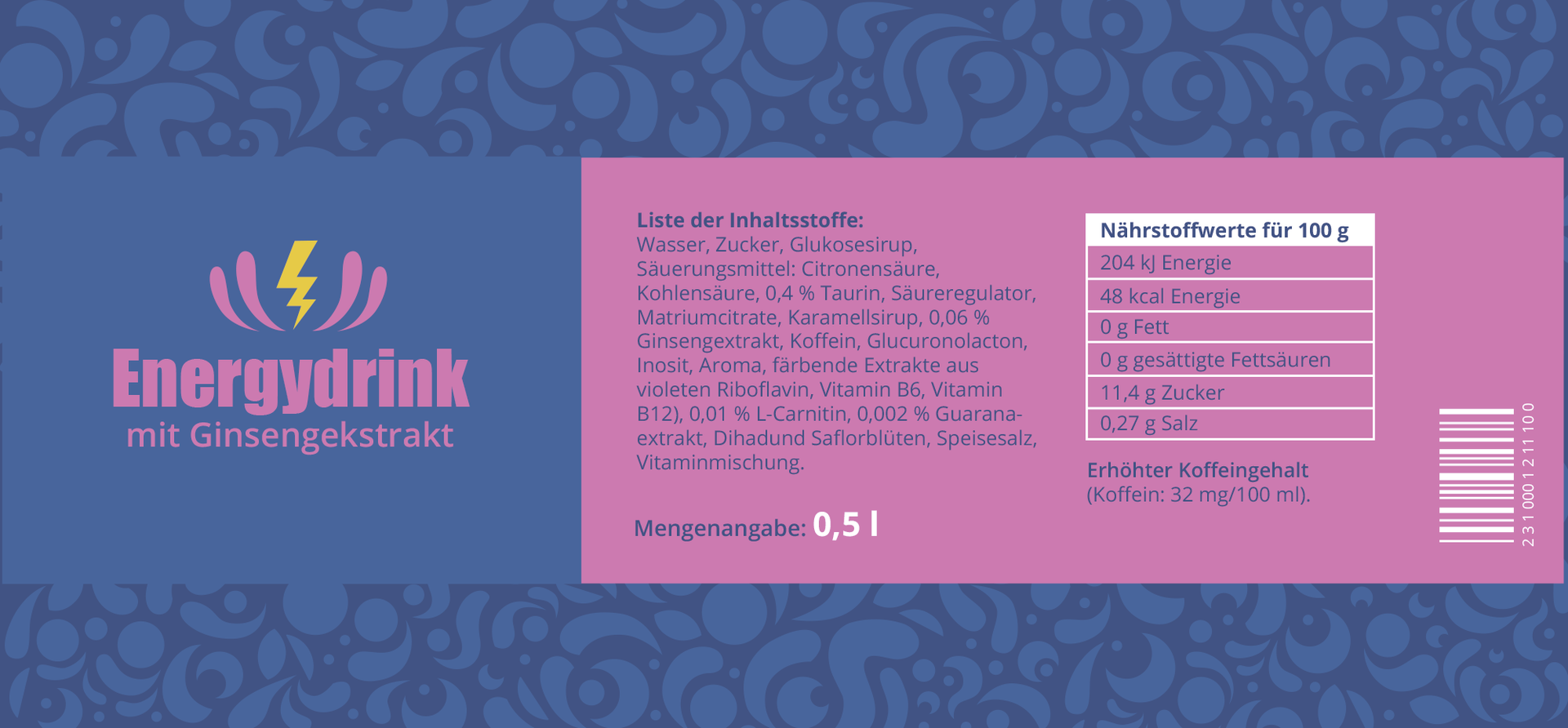 Ilustracja przedstawia etykietę zawierającą składniki napoju energetycznego. Energydrink mit Ginsengekstrakt. Wasser, Zucker, Glukosesirup, Säuerungsmittel: Citronensäure, Kohlensäure 0,4%, Taurin, Säureregulator, Karamellsirup 0,06% Ginsengekstrakt, Koffein, Glucuronolaction, Inosit, Aroma, färbende Extrakte aus violeten Riboflavin, Vitamin B6, Vitamin B12, 0.01% L‑Carnitin, 0,002% Guarana extract, Dihadund Saflorblüten, Speisesalz, Vitaminmischung. Mengenangabe 0,5 l W tabeli obok podano wartości odżywcze dla 100 g produktu. 204 kJ Energie, 48 kcal Energie, 0 g Fett, 0 g gesättigte Fettsäuren, 11,4 g Zucker, 0,25 g Salz. Erhöhter Koffeingehalt: 32 mg Koffein pro 100 ml.