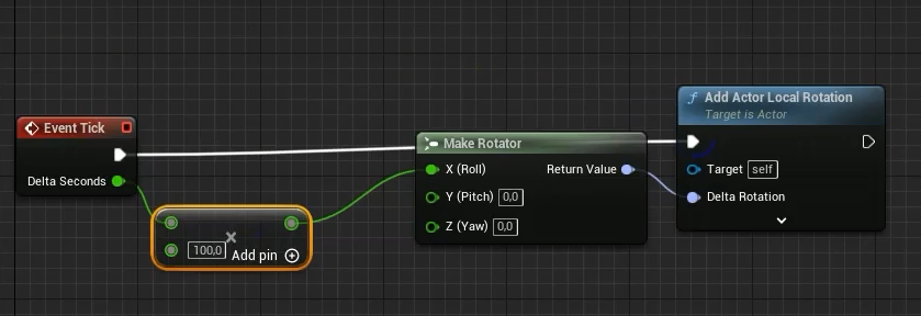 Fragment blueprintu przeszkody, w którym widoczne są funkcje odpowiedzialne za jej obrót.