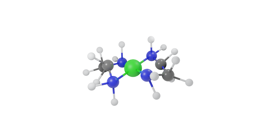 Rysunek kationu bis(etylenodiamina)miedzi(dwa)
 2. Rysunek przedstawia wzór kulkowy bis(etylenodiaminy)miedzi(dwa). Atom miedzi zaznaczono na zielono, atomy azotu na niebiesko, atomy węgla na szaro a atomy wodoru na biało.W środku cząsteczki znajduje się atom miedzi. Jest on największy z wszystkich atomów w tej cząsteczce. Do niego przyłączone są cztery atomy azotu za pomocą wiązań pojedynczych. Wiązania miedź azot leżą na jednej płaszczyźnie. Do każdego atomu azotu przyłączone są po dwa atomy wodoru i po jednym atomie węgla. Są to wiązania pojedyncze. Atomy węgla połączone są w pary za pomocą wiązań pojedynczych. Atomy miedzi, azotu i węgla tworzą pięcioczłonowe pierścienie. Cząsteczka składa się z dwóch takich pierścieni, dla których atom miedzi jest atomem wspólnym. Do każdego atomu węgla przyłączone są po dwa atomy wodoru za pomocą wiązań pojedynczych.