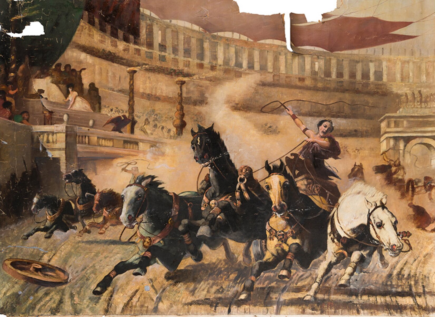 Ilustracja przedstawia obraz Alexandra von Wagnera pod tytułem „Wyścigi rydwanów”. Na pierwszym planie został przedstawiony rydwan prowadzony przez szczupłą kobietę, trzymającą bat w dłoni. Prowadzi ona cztery konie, od lewej: ciemnoszarego, czarnego, jasnobrązowego i białego. Konie biegną szybko, nisko przy ziemi. Za nimi unosi się kurz. Konie biegną po okrągłym torze. Z przodu, z lewej strony leci koło, które wypadło z rydwanu. Dalej znajdują się inne rydwany. Powożący je wymachują biczami. Z lewej strony, w tle pierwszego rydwanu wyłaniają się zza zakrętu konie. Nad torem stoją trybuny wypełnione widzami. Powyżej przedstawiono długą kolumnadę.