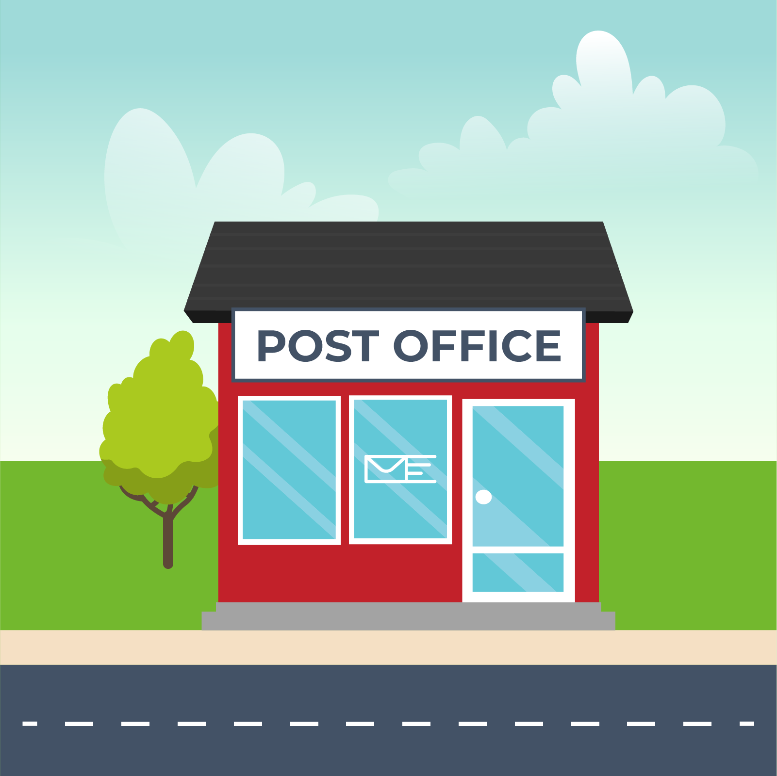 Ilustracja przedstawia budynek Poczty. Posiada on dwa okna. Nad jednym z okien namalowana jest ikona koperty. Drzwi poczty są szklane. Obok budynku  znajduje się drzewo. Przed budynkiem znajduje się asfaltowa droga. Na budynku widnieje napis post office.