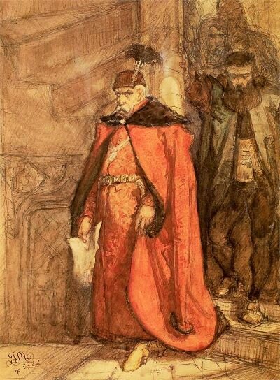 Ilustracja przedstawia Jana Zamoyskiego. Na głowie ma czapkę z przypiętym z boku pióropuszem. Spod niej wystają krótkie białe włosy. Posiada czerwony płaszcz podszyty czarnym futrem zapinany pod szyją. Pod spodem ma czerwoną szatę do stóp przewiązaną złotym pasem. W prawej dłoni trzyma pergamin. Za Zamoyskim idą kolejni mężczyźni w ciemnych ubraniach. Schodzą po schodach.