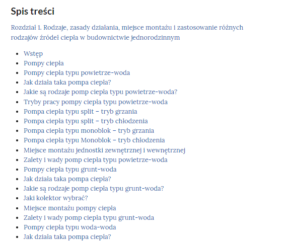 Grafika przedstawia przykładowy wygląd spisu treści e‑booka. Pod napisem „Spis treści” znajduje się tytuł pierwszego rozdziału, a pod nim tytuły kolejnych podrozdziałów.