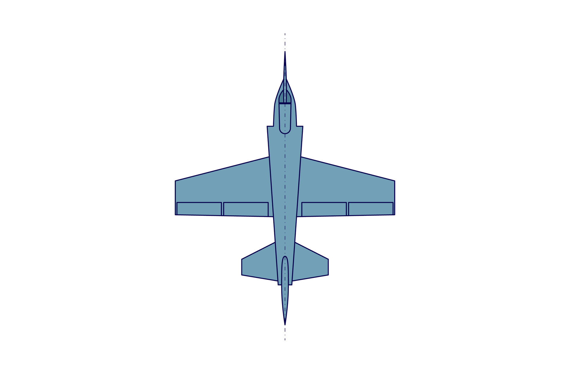 Ilustracja przedstawia samolot ze skrzydłami prostymi. Skrzydła oraz stateczniki poziome tego samolotu mają kształt trapezów prostokątnych, skierowanych skośnym bokiem w kierunku lotu.