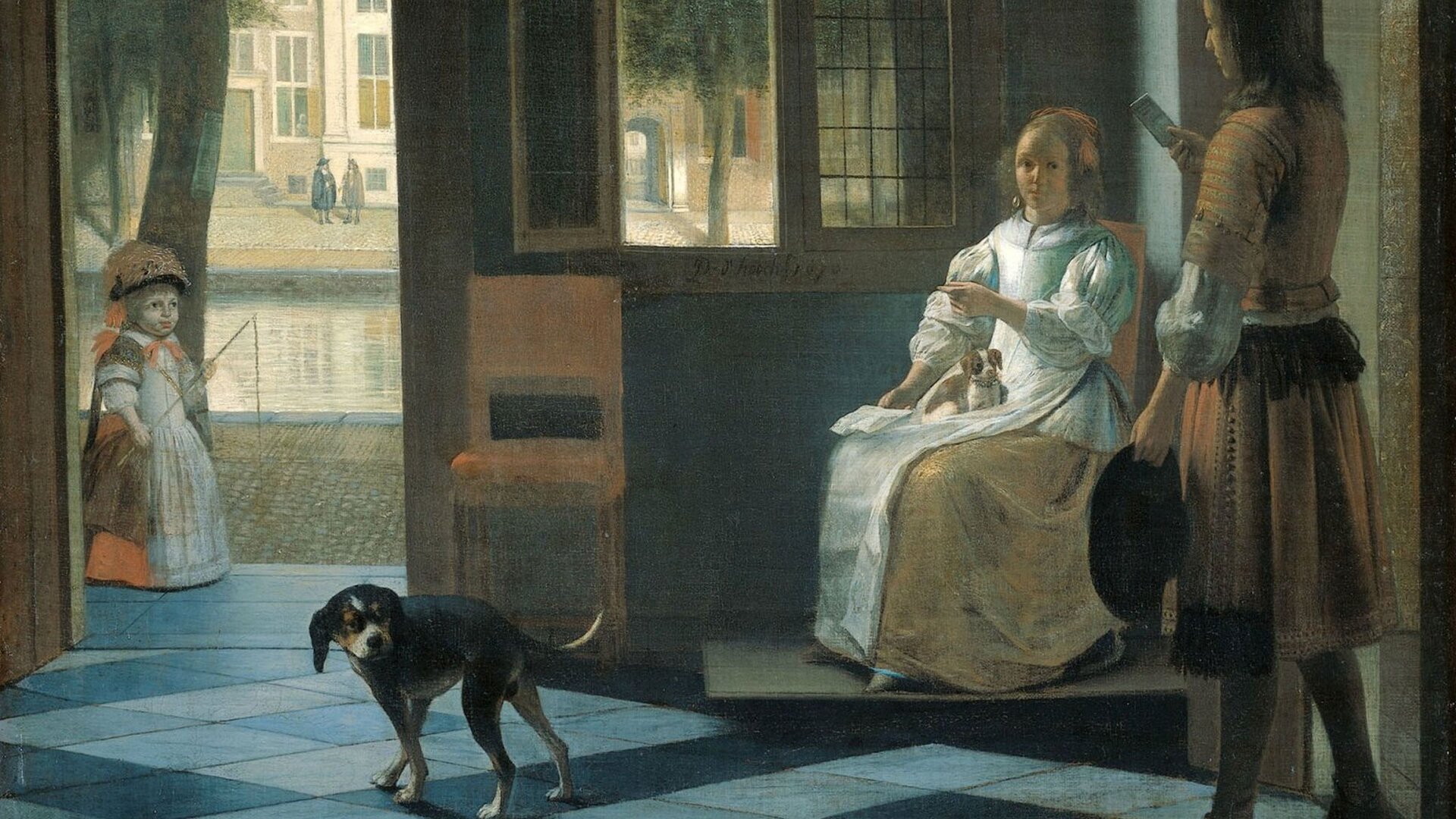 Ilustracja o kształcie poziomego prostokąta przedstawia obraz Pietera de Hoocha „Mężczyzna wręczający list kobiecie”. Ukazuje wnętrze z trzema postaciami i psem. Po prawej stronie mężczyzna wręcza siedzącej kobiecie list.  Pośrodku pokoju stoi pies i z niechęcią odwraca się w stronę mężczyzny. W tle, w sąsiednim pomieszczeniu dziewczynka w długiej, białej sukience i zdobionym kapelusz. W ręku trzyma kij, do którego przywiązany jest sznurek. Na zewnątrz widoczny jest staw i budynki.