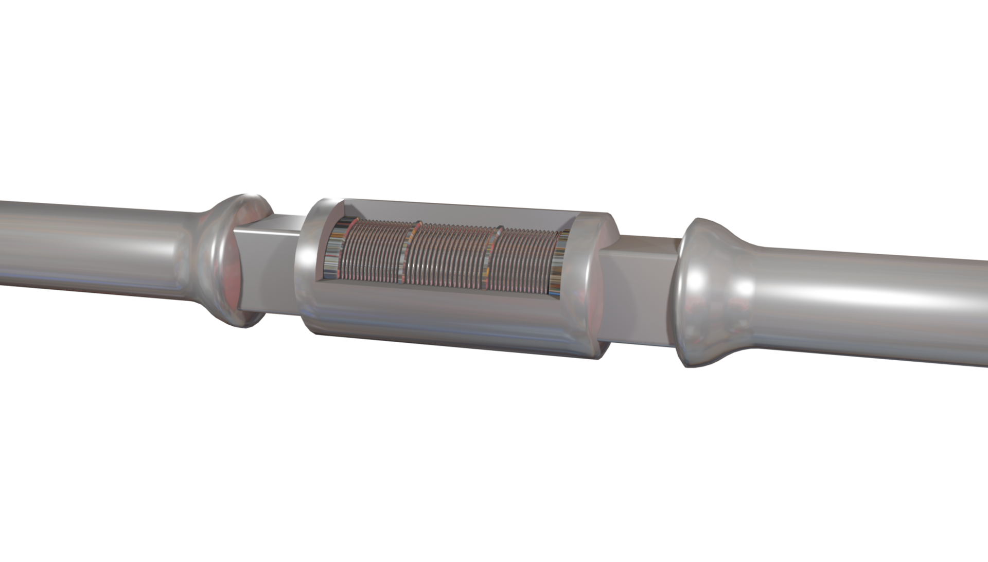 Na zdjęciu widać fragment żerdzi pompowej z łącznikiem. Żerdź jest to podłużna rura o długości wynoszącej od 3 do <math aria‑label='sześciu'>6 metrów, która wykorzystywana jest przy wierceniach celem przedłużenia całego przewodu wiertniczego.W centralnej części zdjęcia znajduje się łącznik o kształcie szarego cylindra. Górna część cylindra jest nieobudowana. Przez otwór w łączniku widać połączenie gwintowane żerdzi. Połączenie jest wykonane na cylindrycznym elemencie który znajduje się na całej długości łącznika. Do obu boków łącznika czyli podstaw cylindra przyłączone są krótkie elementy o kształcie prostopadłościanu. Podstawy prostopadłościanu od strony łącznika są wpisane w podstawę łącznika. Druga podstawa prostopadłościanu jest przyłączona do elementu żerdzi o kształcie lejka. Szyjka lejka następnie przechodzi w szary pręt o kształcie podłużnego cylindra. 