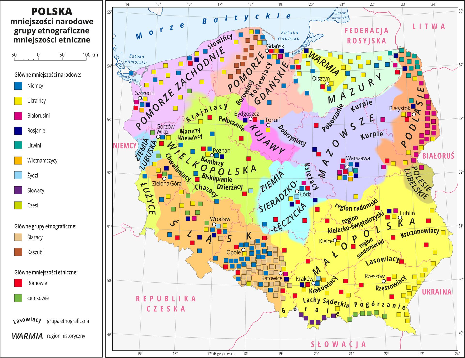 Mapa przedstawia mniejszości narodowe, grupy etnograficzne i mniejszości etniczne w Polsce. Na mapie oznaczono i opisano miasta wojewódzkie. Na mapie za pomocą kolorów przedstawiono regiony historyczne, które opisano. Za pomocą kolorowych sygnatur przedstawiono występowanie mniejszości narodowych i grup etnograficznych. Opisano nazwy grup etnograficznych. Główne mniejszości narodowe: Niemcy (Pomorze Zachodnie, Śląsk, Wielkopolska), Ukraińcy (równomiernie w całym kraju z lekką przewagą okolic granicy polsko‑ukraińskiej), Białorusini (głównie przy granicy polsko‑białoruskiej), Rosjanie , Litwini (głównie przy granicy polsko‑litewskiej), Wietnamczycy, Żydzi (Łódź, Warszawa, Gdańsk, Kraków), Słowacy (przy granicy polsko‑słowackiej), Czesi (przy granicy polsko‑czeskiej).Główne grupy etniczne: Ślązacy (Śląsk), Kaszubi (Pomorze), Romowie (równomiernie w całej Polsce), Łemkowie (Śląsk i przy granicy ze Słowacją). Dookoła mapy w białej ramce opisano południki i równoleżniki co jeden stopień. W legendzie mapy objaśniono kolory użyte na mapie.