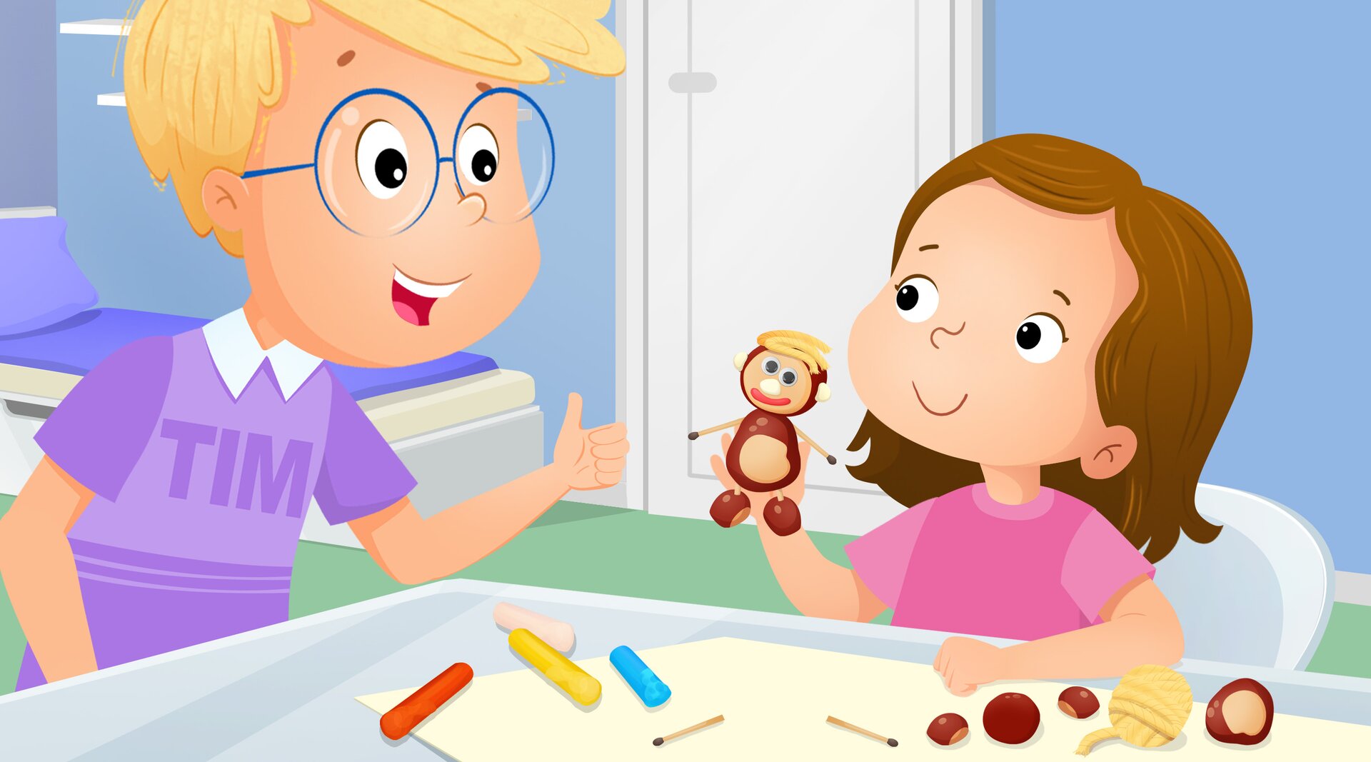 Na ilustracji znajdują się Tim i Lea. Na stole leżą kasztany, zapałki i plastelina. Dziewczynka trzyma w ręku ludzika z kasztanów.