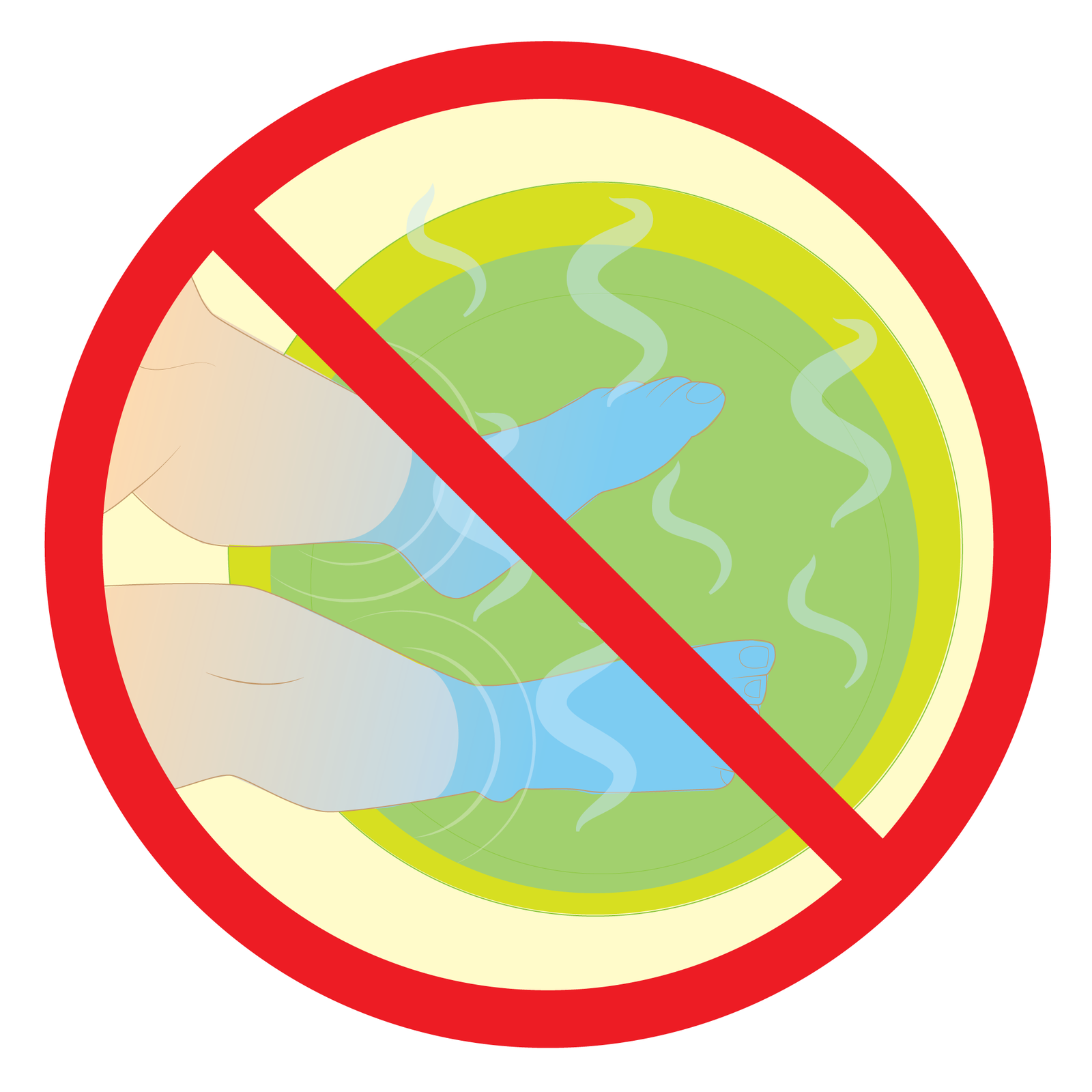 Kliknij żeby powiększyć Czwarty piktogram przedstawia stojącą osobę w miednicy z wodą. Na ilustracji nogi od kolan, stopy zanurzone w wodzie. Powyżej stóp para unosząca się nad ciepłą wodą. Napis: nie ogrzewaj zanurzając w gorącej wodzie.