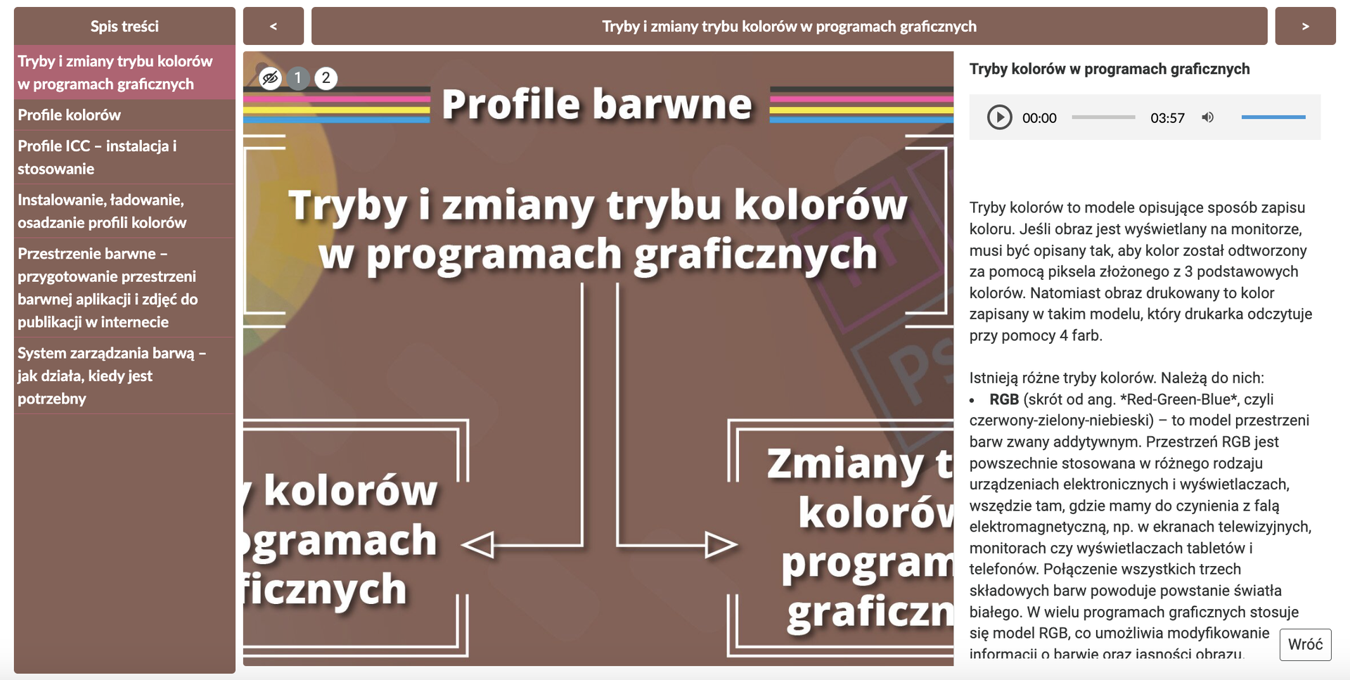 Przykładowa zakładka planszy interaktywnej z tekstem oraz nagraniem lektorskim. Rozwinięta jest zakładka ,,Tryby kolorów w programach graficznych'', widoczna jest treść zakładki i strzałka do odsłuchania lektora.