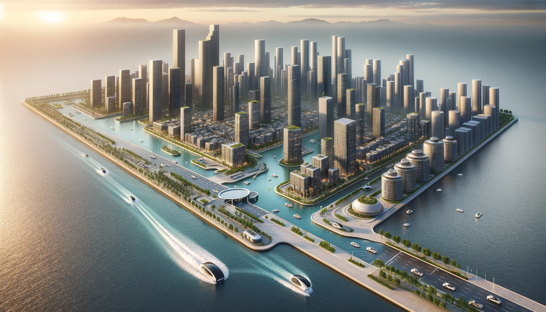 Grafika przedstawia futurystyczne miasto wzniesione na wodzie. Widoczne są wyspy, na których widoczna jest zabudowa, w tym przede wszystkim drapacze chmur. Na dachach drapaczy chmur widoczne są zielone ogrody. Pomiędzy wyspami widoczne są kanały, po których pływają futurystyczne pojazdy, które po przejściu kanału wypełnione wodą w jezdnię mogą również jeździć po asfalcie. Wokół miasta pływają futurystyczne łodzie.