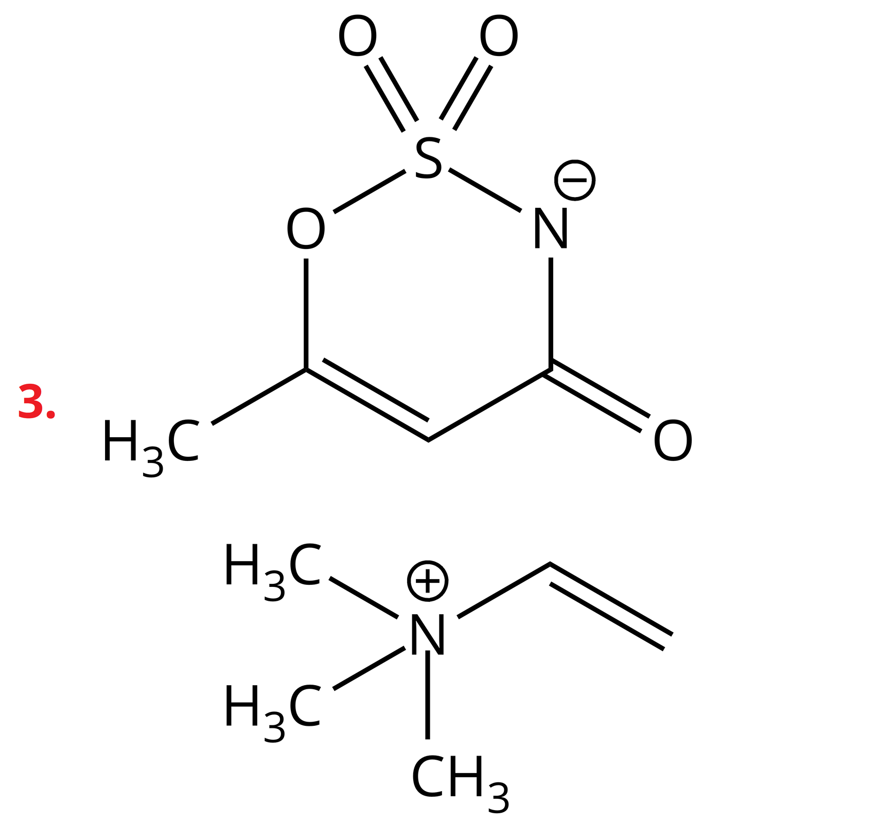 Ilustracja przedstawia wzór strukturalny czwartorzędowej soli amonowej, w której do atomu azotu przyłączone są trzy grupy metylowe i jedna grupa winylowa, a anionem w tym związku jest związek zawierający grupę sulfoamidową. Innymi słowy atom azotu obdarzony ładunkiem dodatnim łączy się za pomocą trzech wiązań pojedynczych z trzema grupami metylowymi CH3. A także za pomocą wiązania pojedynczego z grupą winylową zbudowaną z grupy CH połączonej za pomocą wiązania podwójnego z grupą metylenową CH2.  Ładunek dodatni na azocie kompensowany jest ładunkiem ujemnym anionu zbudowanego z sześcioczłonowego pierścienia. Składa się on z trzech kolejno połączonych ze sobą atomów węgla, z czego jeden związany jest z atomem azotu obdarzonym ładunkiem ujemnym. Atom ten łączy się z atomem siarki połączonym za pomocą dwóch wiązań podwójnych z dwoma atomami tlenu oraz za pomocą wiązania pojedynczego z atomem tlenu. Atom ten łączy się ze wspomnianym jednym z trzech atomów węgla. Węgiel podstawiony jest grupą metylową i łączy się za pomocą wiązania podwójnego z drugim atomem węgla. Ten zaś związany jest z wspomnianym już atomem azotu z ładunkiem ujemnym oraz za pomocą wiązania podwójnego z atomem tlenu.