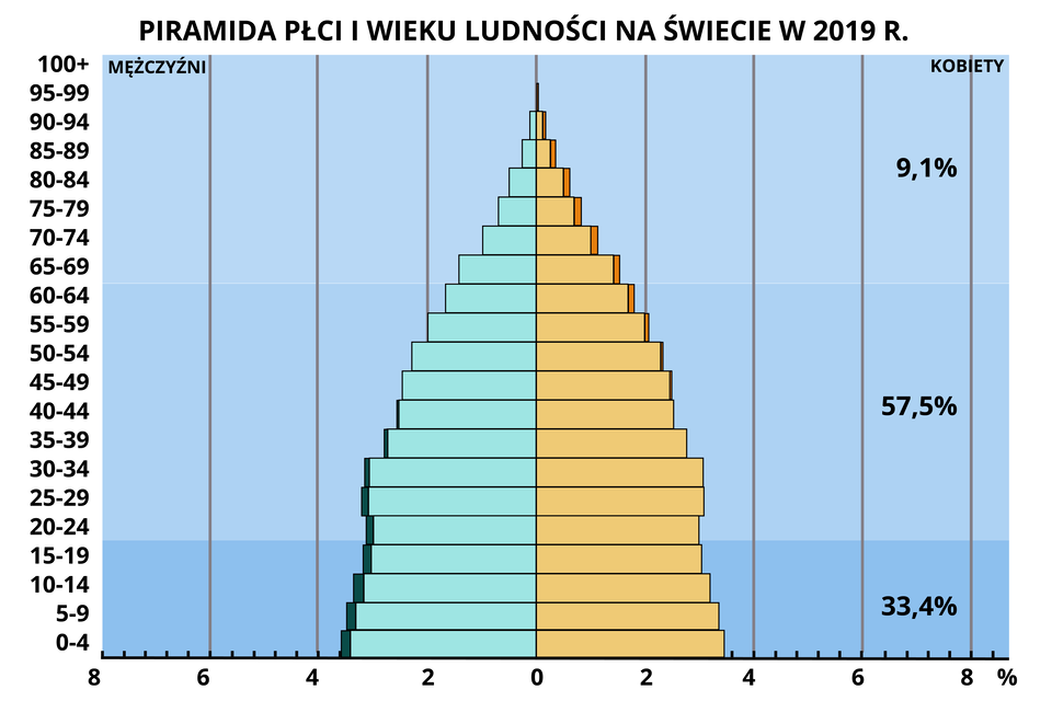 Wykres przedstawia piramidę płci i wieku ludności na świecie w 2019 roku. Na wykresie oznaczono, że 33,4% stanowią kobiety i mężczyźni w wieku od 0 do 20 lat. 57,5% stanowią kobiety i mężczyźni w wieku od 20 do 64 lat. 9,1% stanowią kobiety i mężczyźni w wieku od 69 do 99 lat.   W przedziale wiekowym 20‑24 lata mamy około 7% mężczyzn i 7% kobiet. W przedziale 35 - 39 lat mamy około 6% mężczyzn i około 6% kobiet. W przedziale 60 - 64 lata mamy około 4% mężczyzn i 5% kobiet. W przedziale 80 - 84 lata mamy około 2% mężczyzn i 3% kobiet. W przedziale 90 - 94 lata mamy niecały 1% mężczyzn i 1% kobiet. W przedziale 95 - 99 lat nie wskazano na wykresie mężczyzn natomiast znikome dziesiąte części procenta kobiet. ￼￼￼￼￼ Piramida ma szeroką podstawę dla lat od 0 do 34 lat. Od momentu osiągnięcia przez kobiety i mężczyzn wieku 35 lat i w górę, piramida zaczyna się zwężać. Oznacza to, że co raz mniej kobiet i mężczyzn w kolejnych latach życia było na świecie w 2019 roku. 