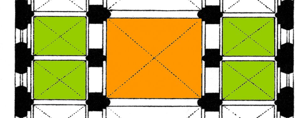 Ilustracja o kształcie poziomego prostokąta przedstawia kolorowy schemat fragmentu planu kościoła, obrazujący przęsło z systemem wiązanym. Kolorem pomarańczowym oznaczono przęsło nawy głównej, a kolorem zielonym przypadające na jedno przęsło nawy głównej dwa przęsła nawy bocznej. 