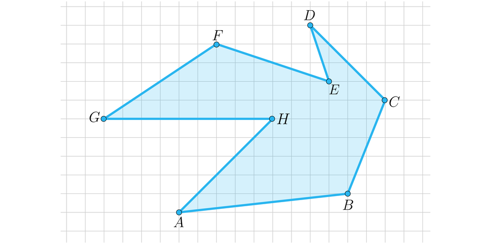 Na ilustracji przedstawiono zacieniowany wielokąt, umieszczony na płaszczyźnie układu współrzędnych. Odcinek jednostkowy jest równy jednej kratce. Wielokąt zbudujemy łącząc kolejno jego wierzchołki o następujących współrzędnych. Wierzchołek A nawias, pięć, średnik, jeden, zamknięcie nawiasu, wierzchołek B nawias, czternaście, średnik, dwa, zamknięcie nawiasu, wierzchołek C nawias, szesnaście, średnik, siedem, zamknięcie nawiasu, wierzchołek D nawias, dwanaście, średnik, jedenaście, zamknięcie nawiasu, wierzchołek E nawias, trzynaście, średnik, osiem, zamknięcie nawiasu, wierzchołek F nawias, siedem, średnik, dziesięć, zamknięcie nawiasu, wierzchołek G nawias, jeden, średnik, sześć, zamknięcie nawiasu, wierzchołek H nawias, dziesięć, średnik, sześć, zamknięcie nawiasu.