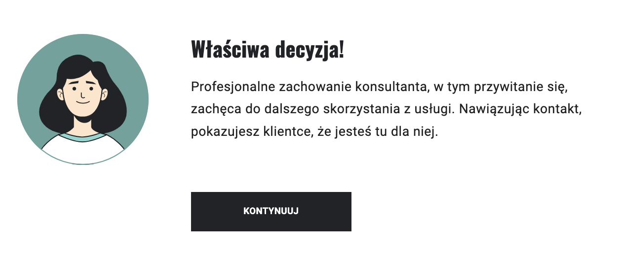 Widok informacji zwrotnej po udzieleniu pozytywnej odpowiedzi