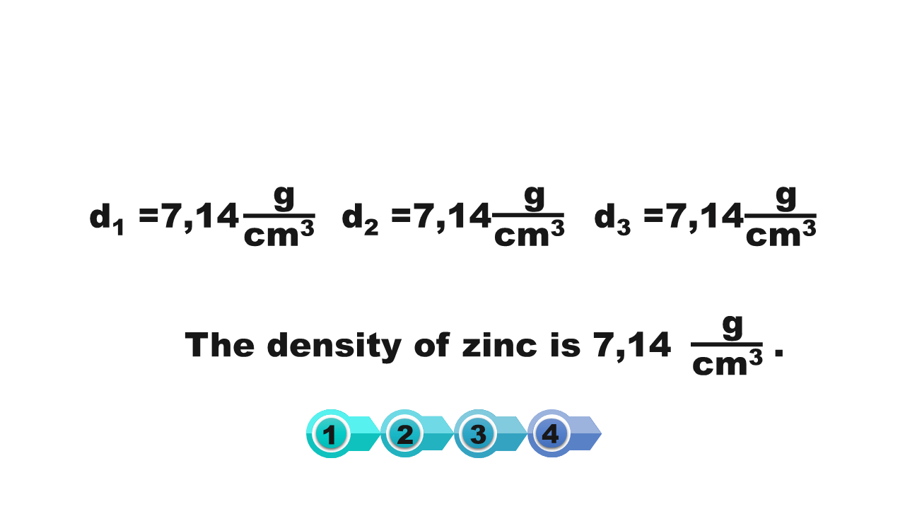 Grafika przedstawia zestawienie wyliczeń d1, d2, d3. Gęstość cynku, the density of zinc została wyliczona na siedem przecinek czternaście grama na centymetr sześcienny